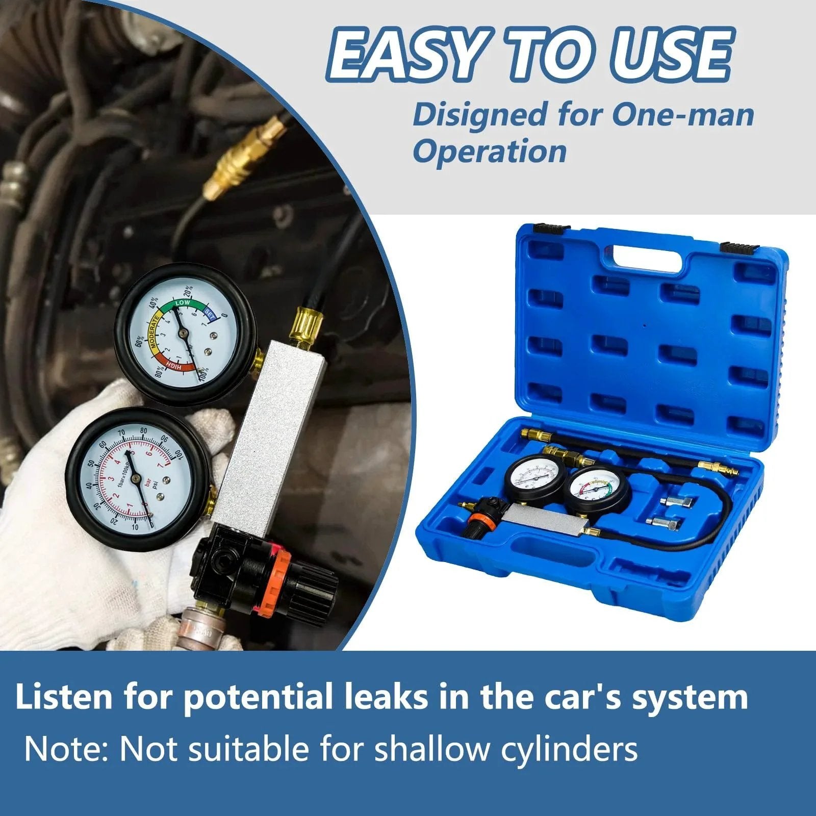 Universal Cylinder Leak Down Tester Kit With Dual Pressure Gauges For Gasoline Engines in blue storage case