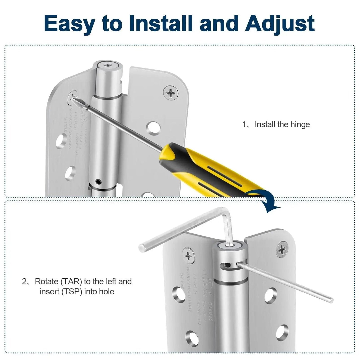 Installation process of 4 Inch Self Closing Door Hinges Spring Loaded Adjustable Tension For Garage Front And Back Doors Brushed Nickel UL Listed