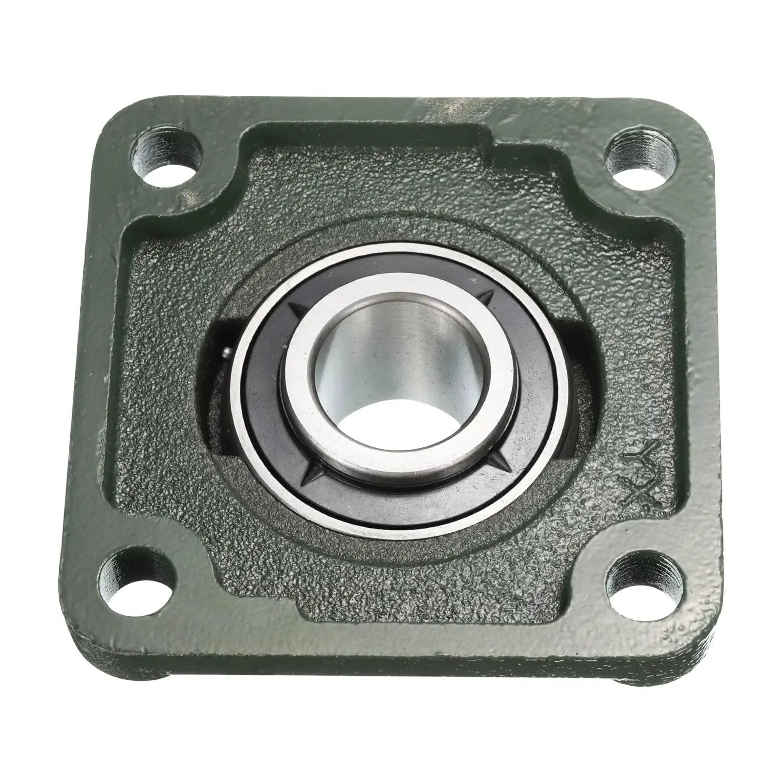 Front view of Pillow Block Bearing UCF206-18 with One and One Eighth Inch Bore, Self Alignment in Solid Cast Iron Base, Chrome Steel Sealed Bearings.