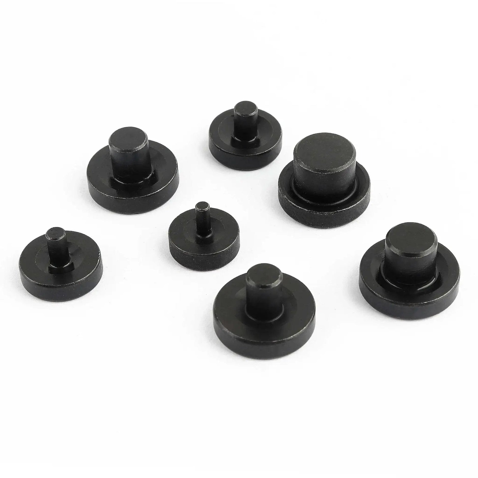 7 Piece Double Flare Tool Adapters For Brake Lines 3 Sixteenths To 5 Eighths Inch in black bearing steel laid out