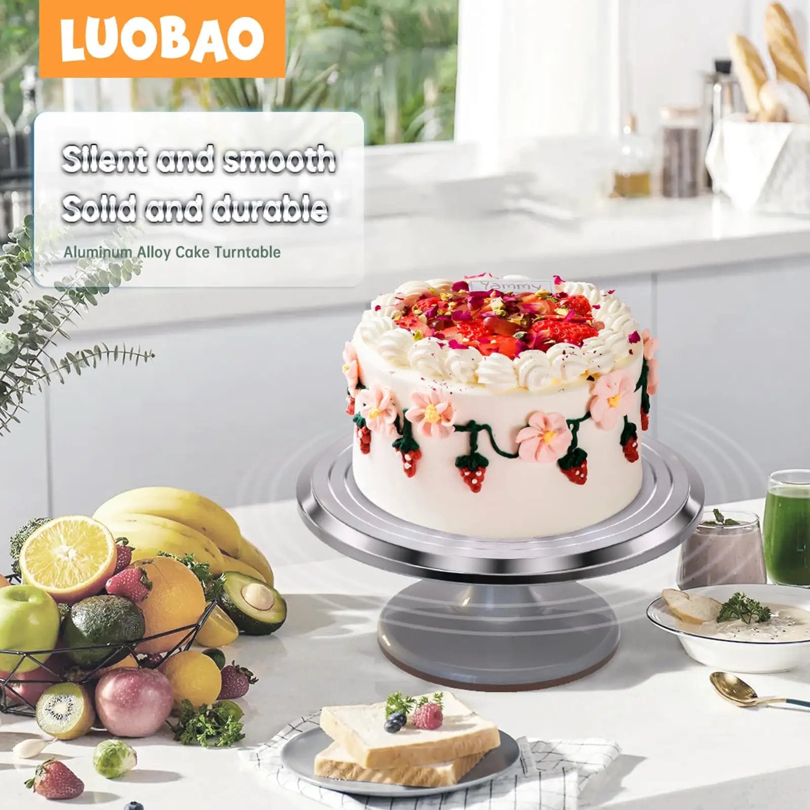 Decorated cake on 12 Inch Aluminum Cake Turntable Decorating Stand With Rotating Cake Stand Go To Kit For Cakes And Pastries Including Leveler Icing Comb Set 8 Pro Grade Decorating Tips Reusable Coupler And 10 Disposable Pastry Bags.