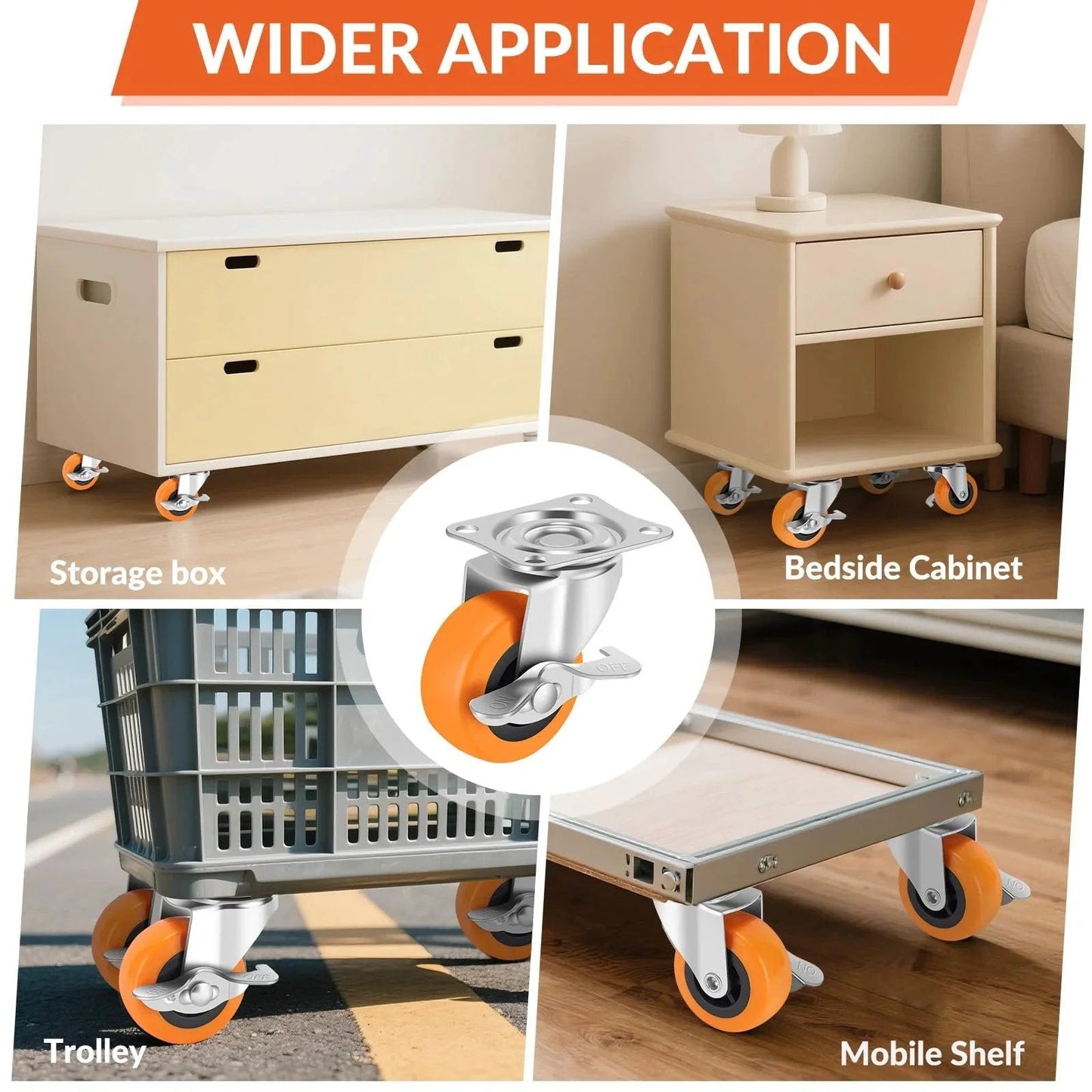 2.5 Inch Heavy Duty Caster Wheels Set of 4 with Brakes for Furniture Carts and Workbenches used on storage box, cabinet, trolley.