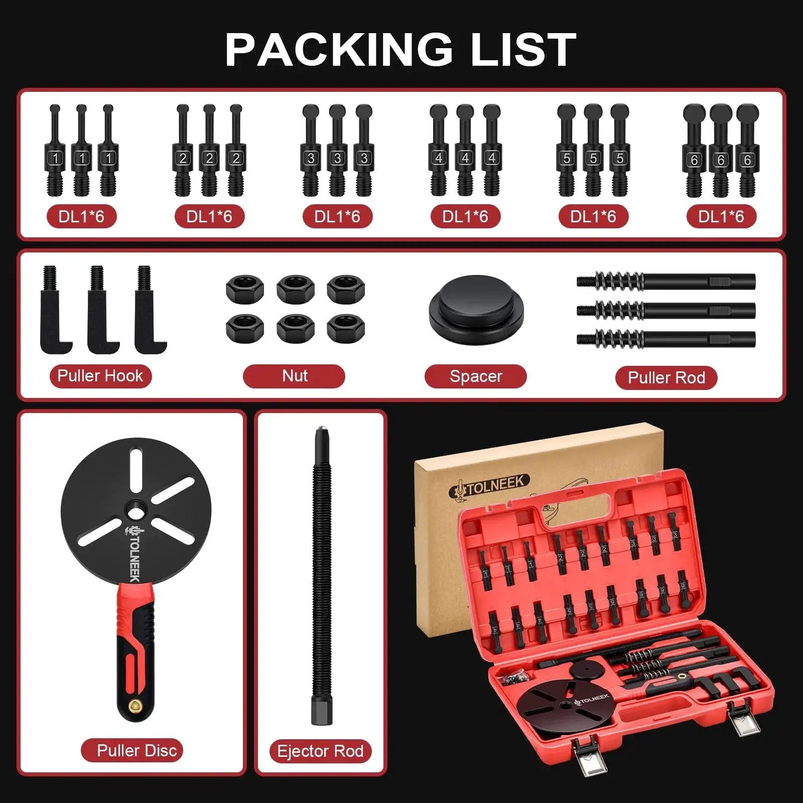 Image showing the packing list for the 33-In-1 Bearing Puller Kit including puller hooks, nuts, spacers, puller rods, and portable case.
