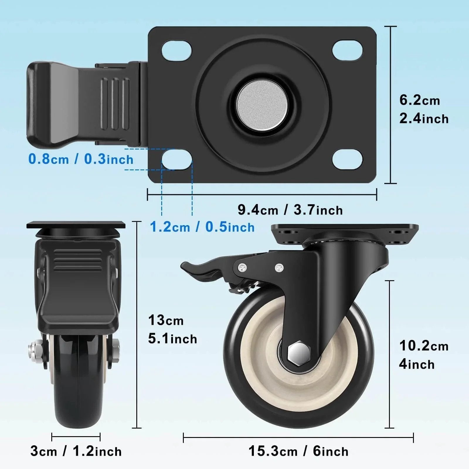 4 Inch Heavy Duty Industrial Caster Wheels Set Of 4 With Dual Locking Brakes 2200 Lbs Capacity For Cart And Workbench diagram