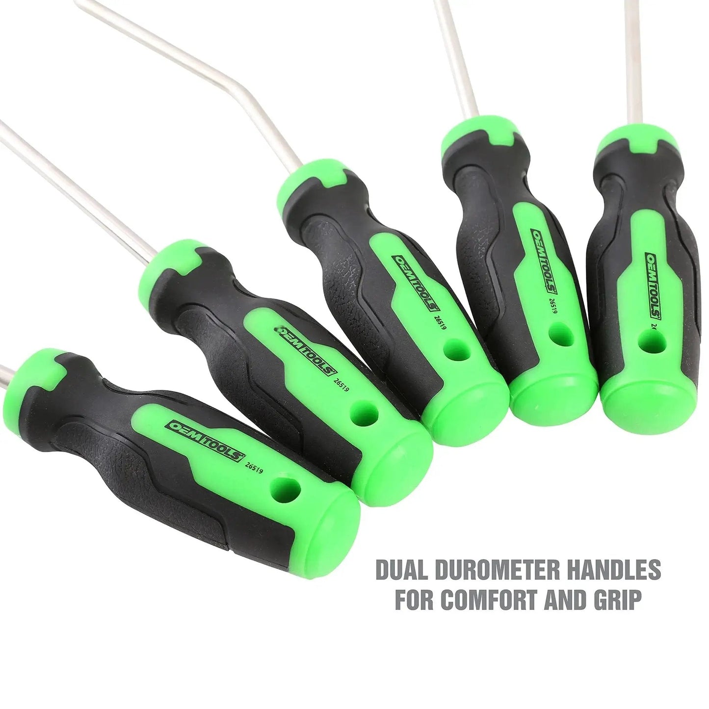 5 Piece Hose Removal Set For Radiator And Coolant Lines With Cotter Pin Tool, featuring green and black handles for grip.