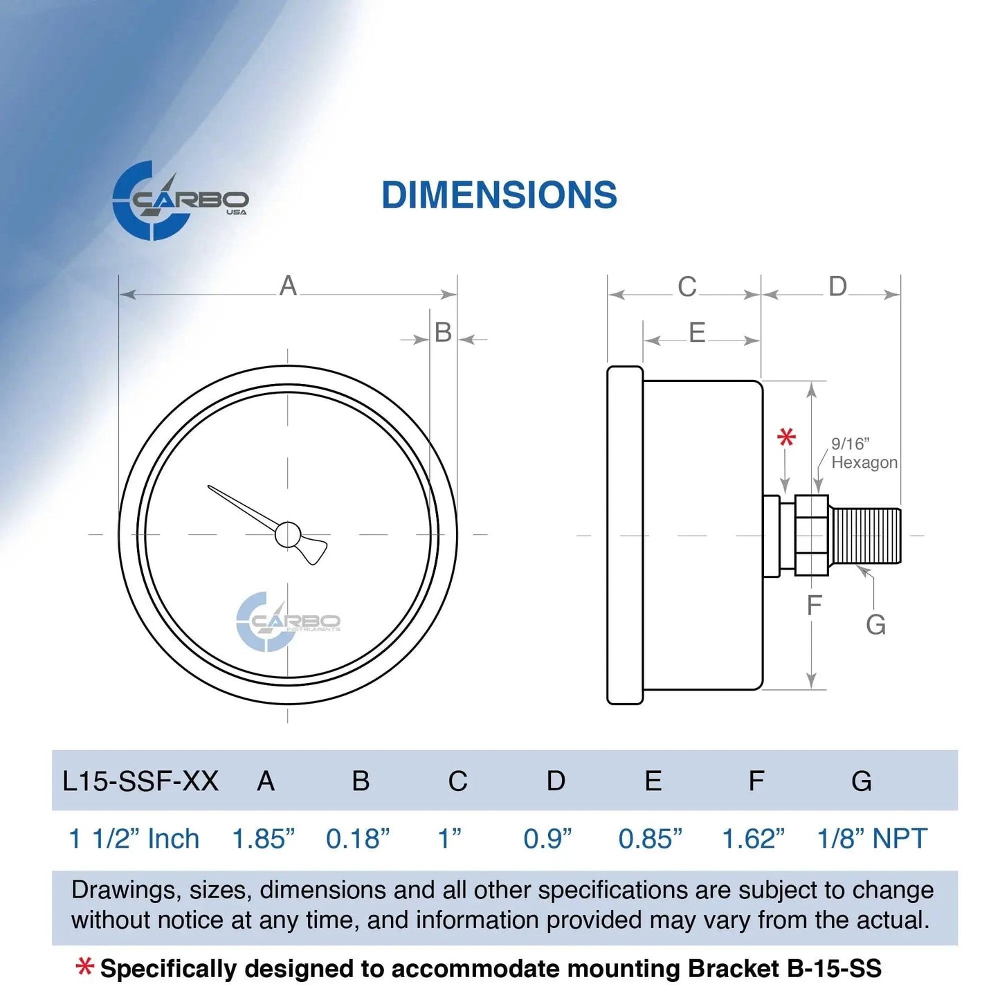 Dimensions diagram for Heavy Duty Fuel Pressure Gauge For Vessels And Automotive Lines, 1 1/2 Inch Dial, Glycerin Filled