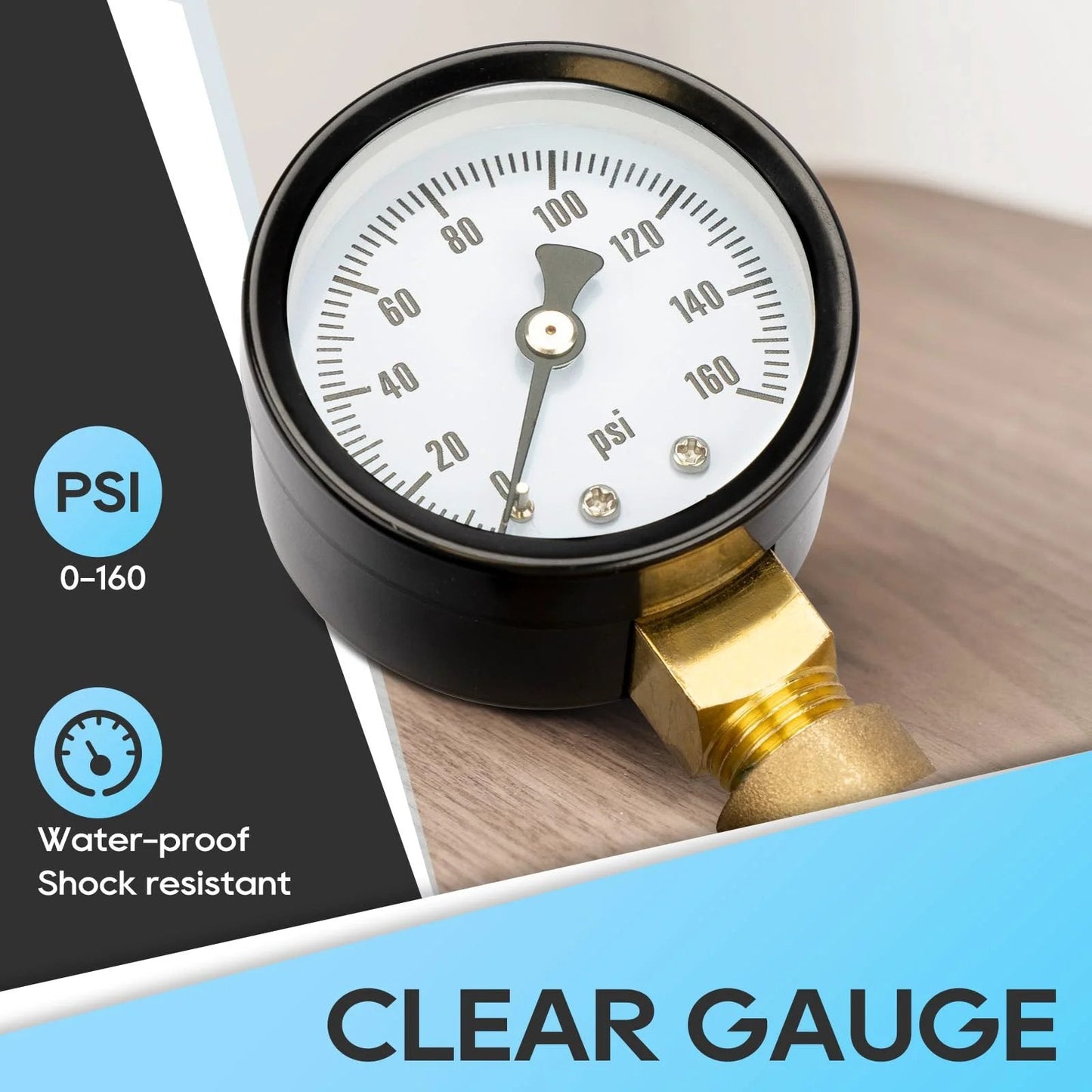 Close-up of gauge on Adjustable Lead Free Brass RV Water Pressure Regulator Valve With Gauge And Inlet Screen Filter For Campers And Travel Trailers Keeps Water Safe Prevents Pipe Damage Easy Install High Flow