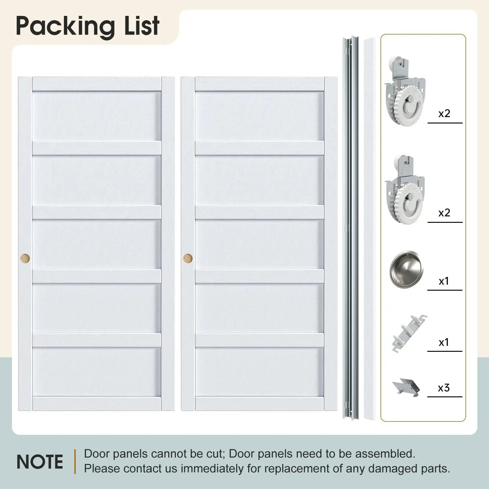 Sliding Closet Door 72x80 Inches, 5-Panel Bypass Barn Doors With Hardware Track Kit, White Finish, Double 37 Inch Panels, 7/8 Inch Thick