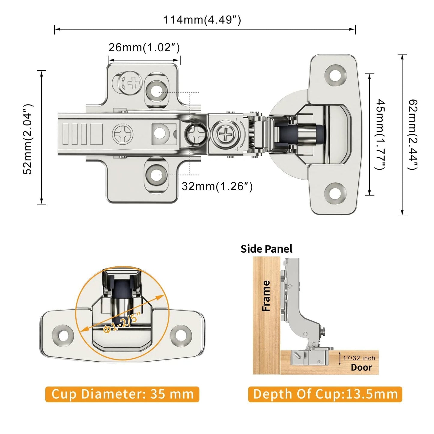 10 Pack Frameless Inset Soft Close Concealed European Cabinet Hinges diagram with dimensions and installation details