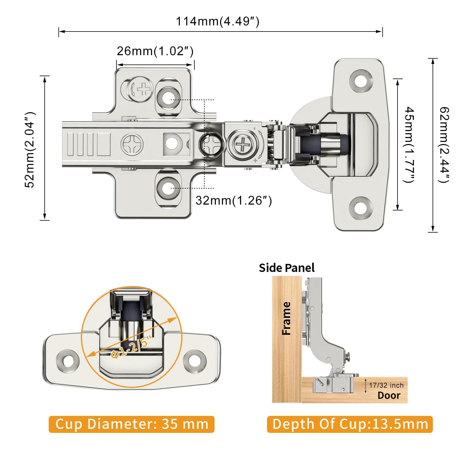 10 Pack Frameless Inset Soft Close Concealed European Cabinet Hinges diagram with dimensions and installation details