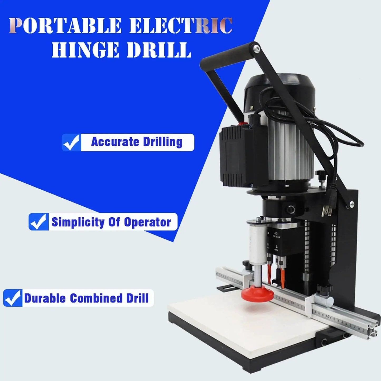 110V Pneumatic Hinge Boring Insertion Machine With Single Head Portable Electric Hinge Drill For Cabinets And Wardrobes 1.1KW Power 0-40mm Punch Depth 2840 RPM Includes 35mm And 8mm Drill Bits 45-9.5 Combined Drill Easy To Carry with visible drill setup and handle.