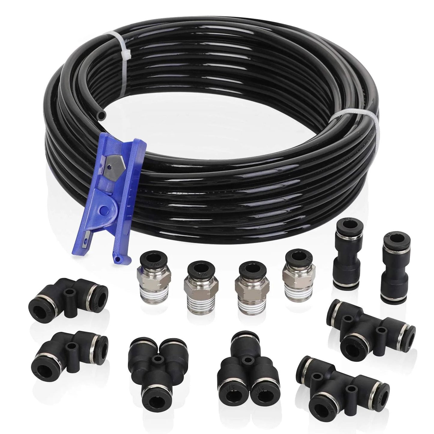 DIY Air Line Tubing Kit One Quarter Inch PU Tube 32.8 Feet With Push To Connect Fittings 14 Piece Compressed Air Accessories Kit