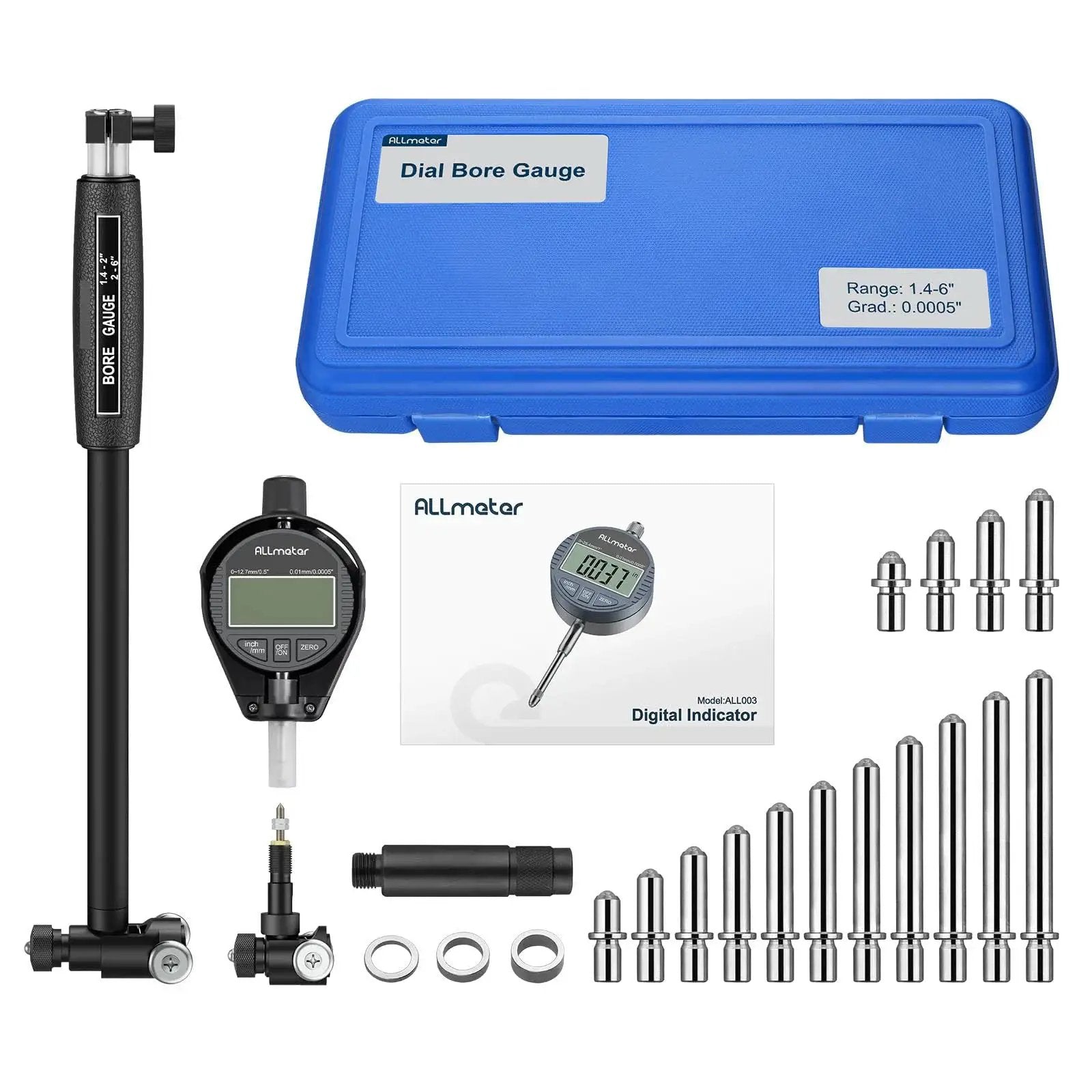 Ultimate Dial Bore Gauge Set For Engine Cylinders By ALLmeter with 15 anvils, gauge box, and digital indicator shown.