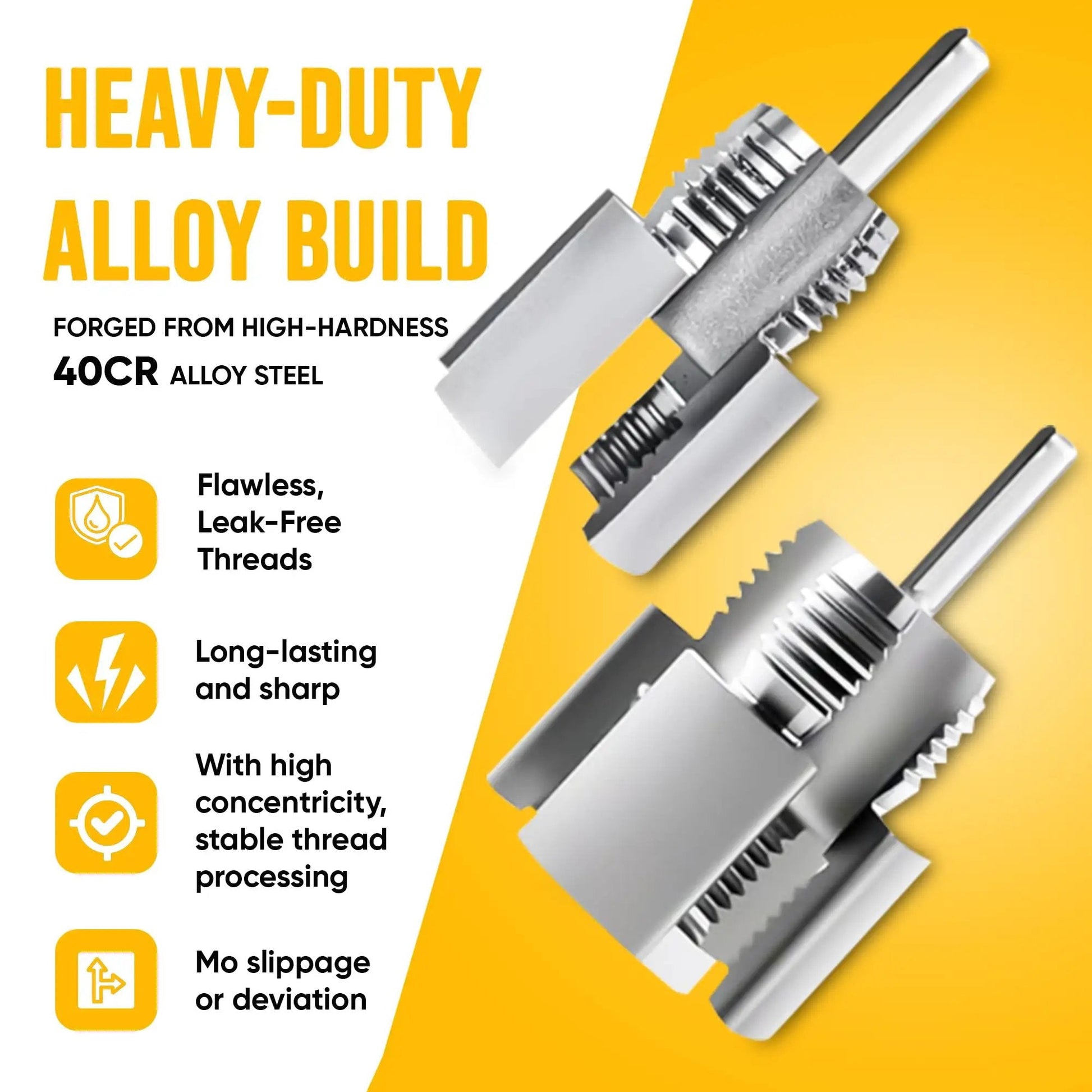 Dual Function Pipe Threading Tool Kit 2 In 1 Internal And External Threading For PVC Pipes One Half Inch And Three Quarters Inch, Electric Drill Compatible, Two Piece Set, Quick Accurate Threading Without Tool Switching on yellow background highlighting heavy-duty alloy build with 40CR steel and sharp, leak-free threads.