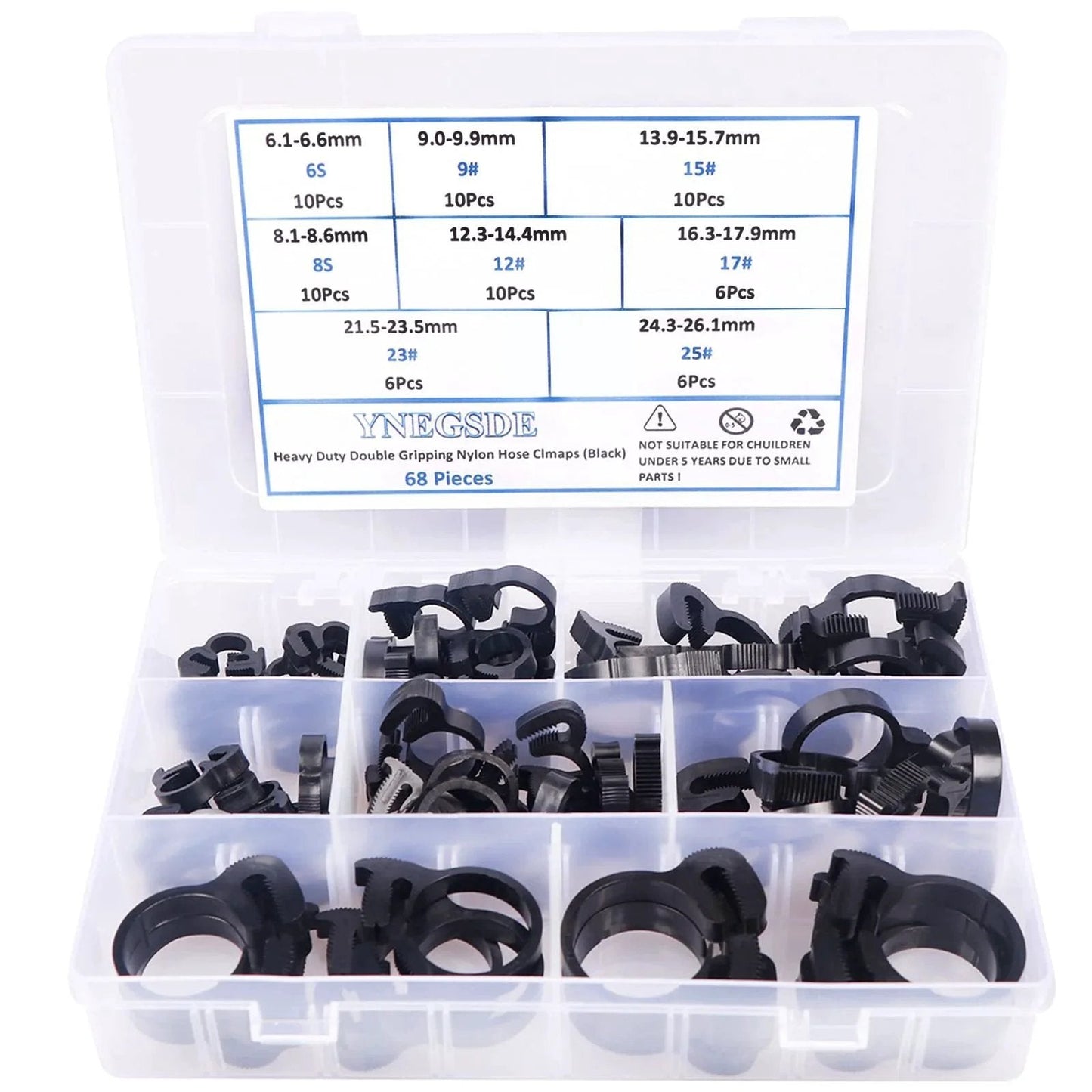 Heavy Duty Ratcheting Hose Clamp Set 6.1 To 26.1 Mm Adjustable Nylon Plastic Double Snap Grip 8 Size Kit With 68 Pieces