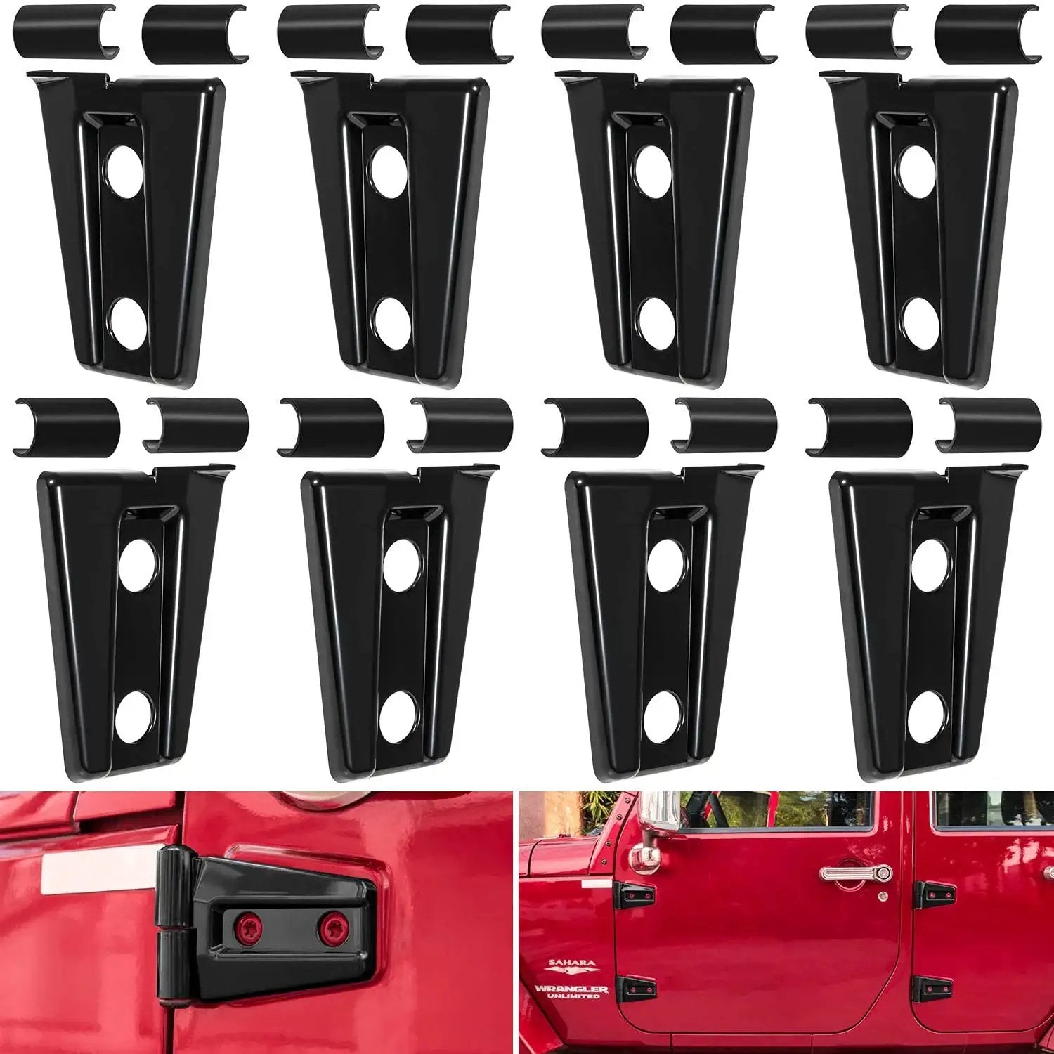 Door Hinge Trim Kit for Wrangler JK JKU 2007-2018 Black 8 Piece shown installed and separately with red Jeep