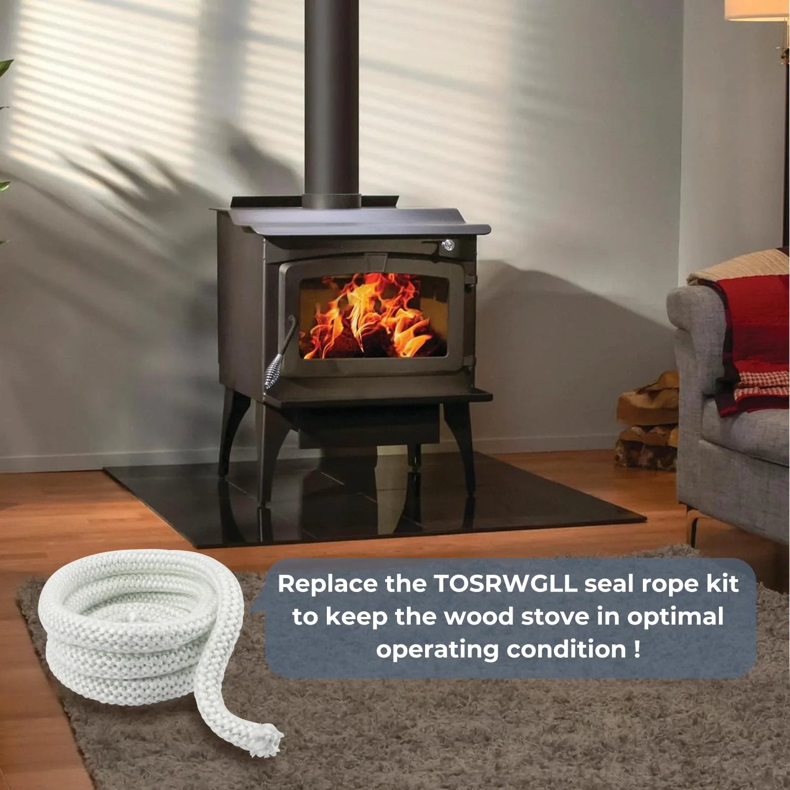 Outdoor Wood Furnace Door Seal Kit Replacement For Central Boiler Models 5036 HF60 5648 6048 4030 High Temperature Resistant Gasket Rope 10 Ft And 2 Oz Door Seal Caulk shown next to a wood stove.