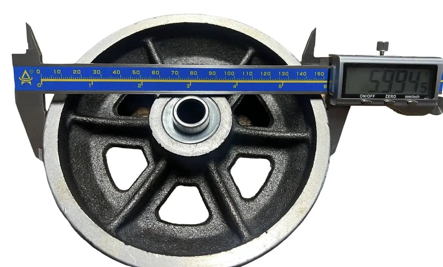 Digital caliper measuring Heavy Duty 6 Inch Cast Iron V Groove Wheel For Sliding Gates with Weldable Steel Box and Roller Bearings