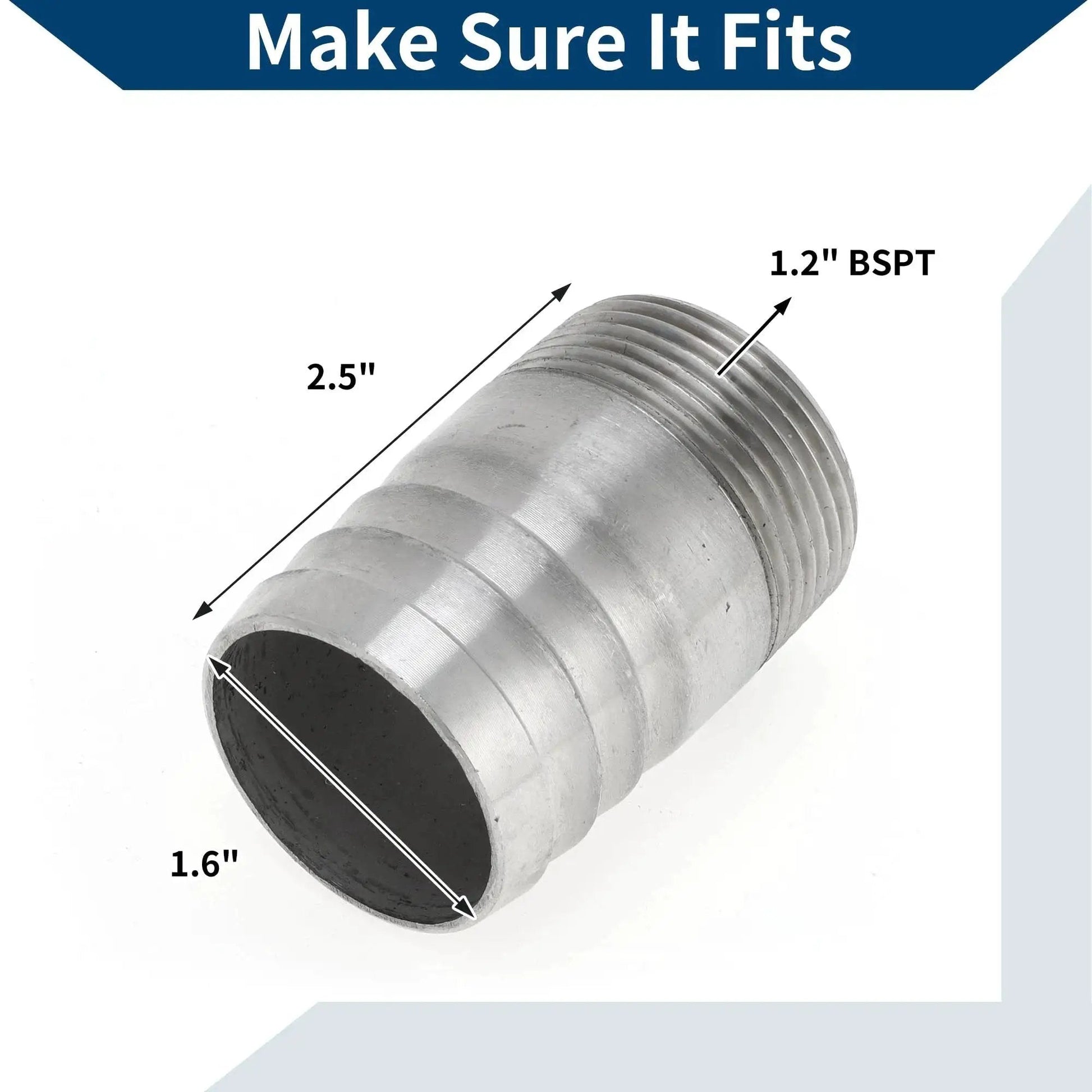 316 Stainless Steel Hose Barb Fittings I Shaped Male Thread Connector, 1.6in OD, 1.2in BSPT, silver tone, side view
