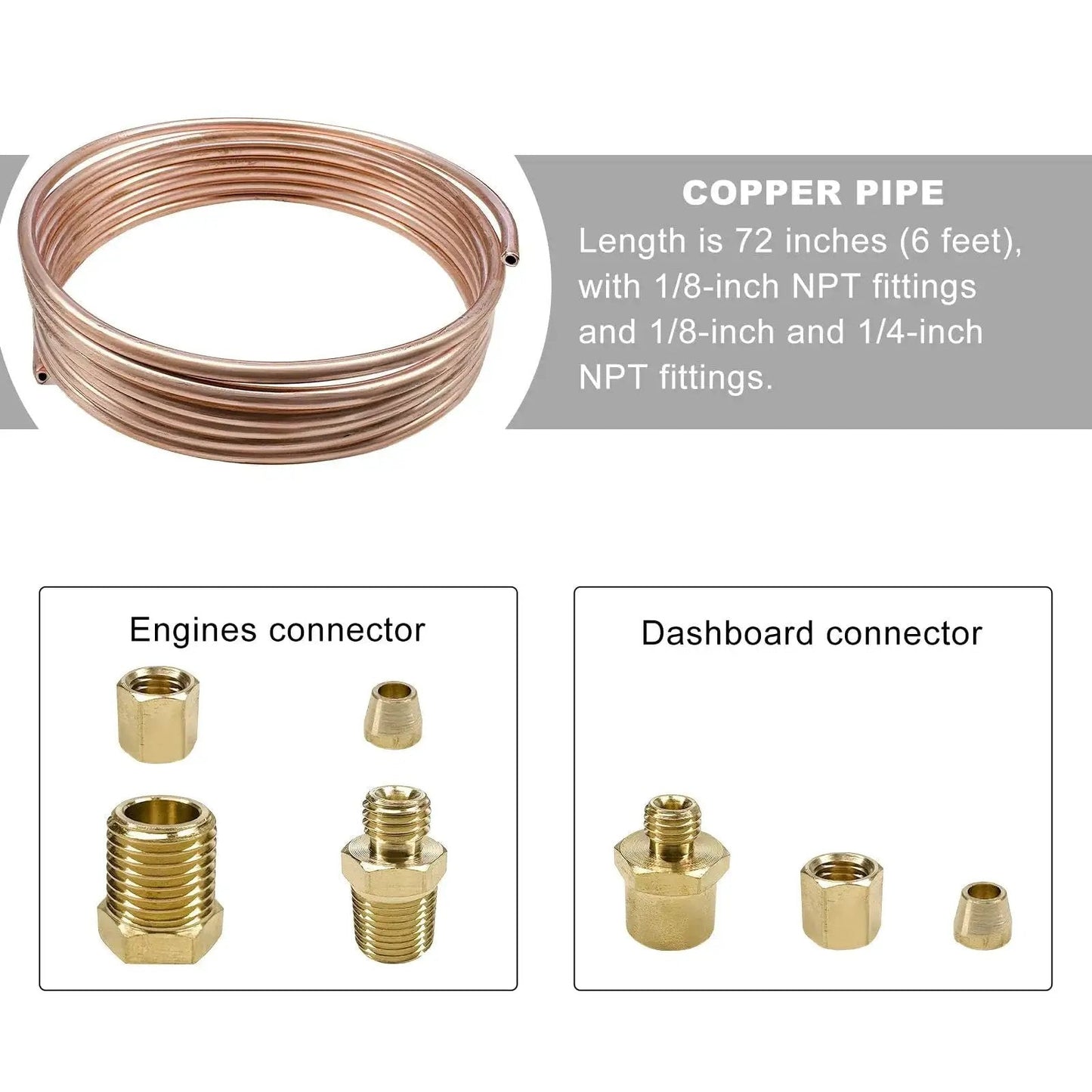 Heavy Duty 72 Inch Copper Oil Pressure Gauge Tubing Kit With Brass Threaded Fittings And Seal Tape For Pressure Gauges shown with connectors