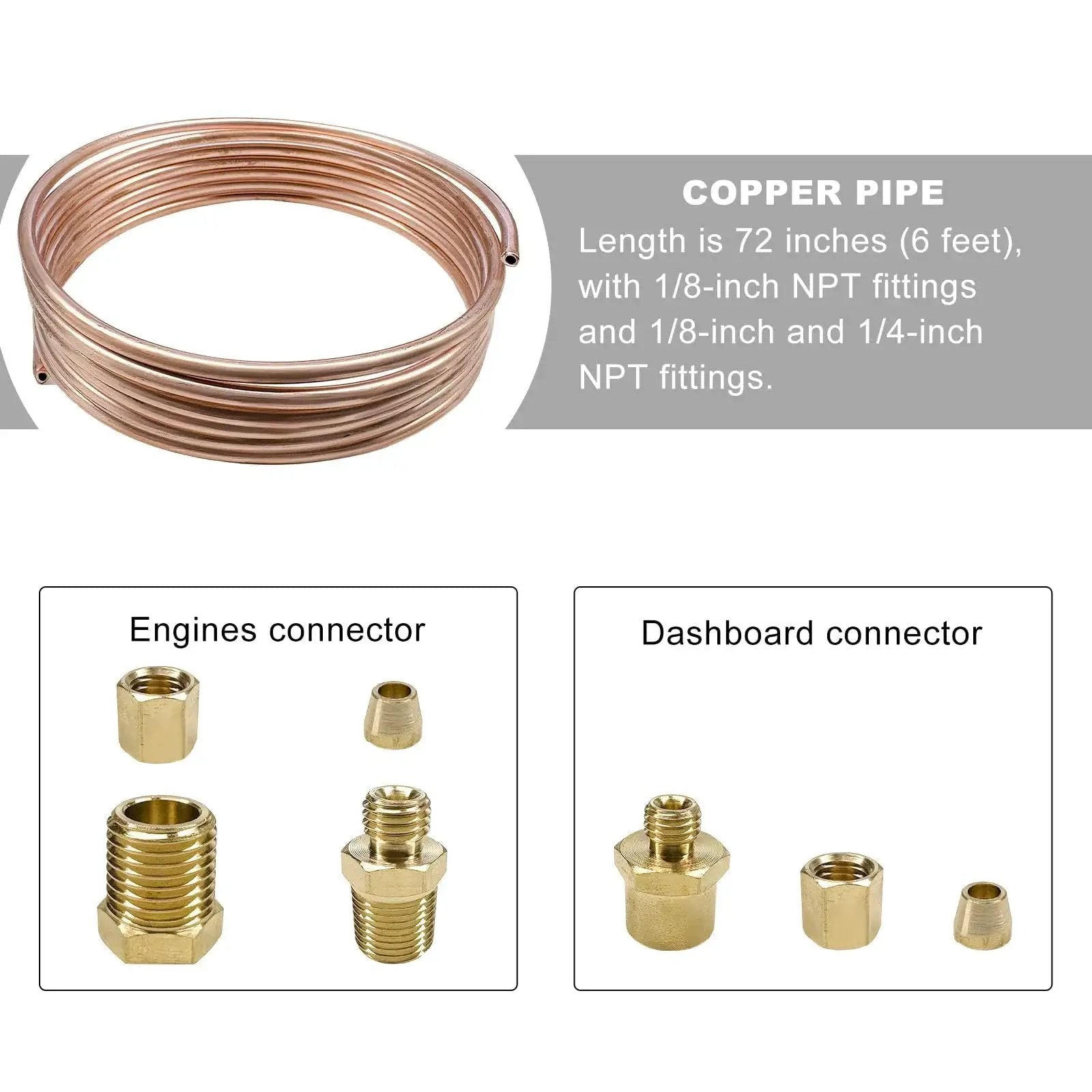 Heavy Duty 72 Inch Copper Oil Pressure Gauge Tubing Kit With Brass Threaded Fittings And Seal Tape For Pressure Gauges shown with connectors