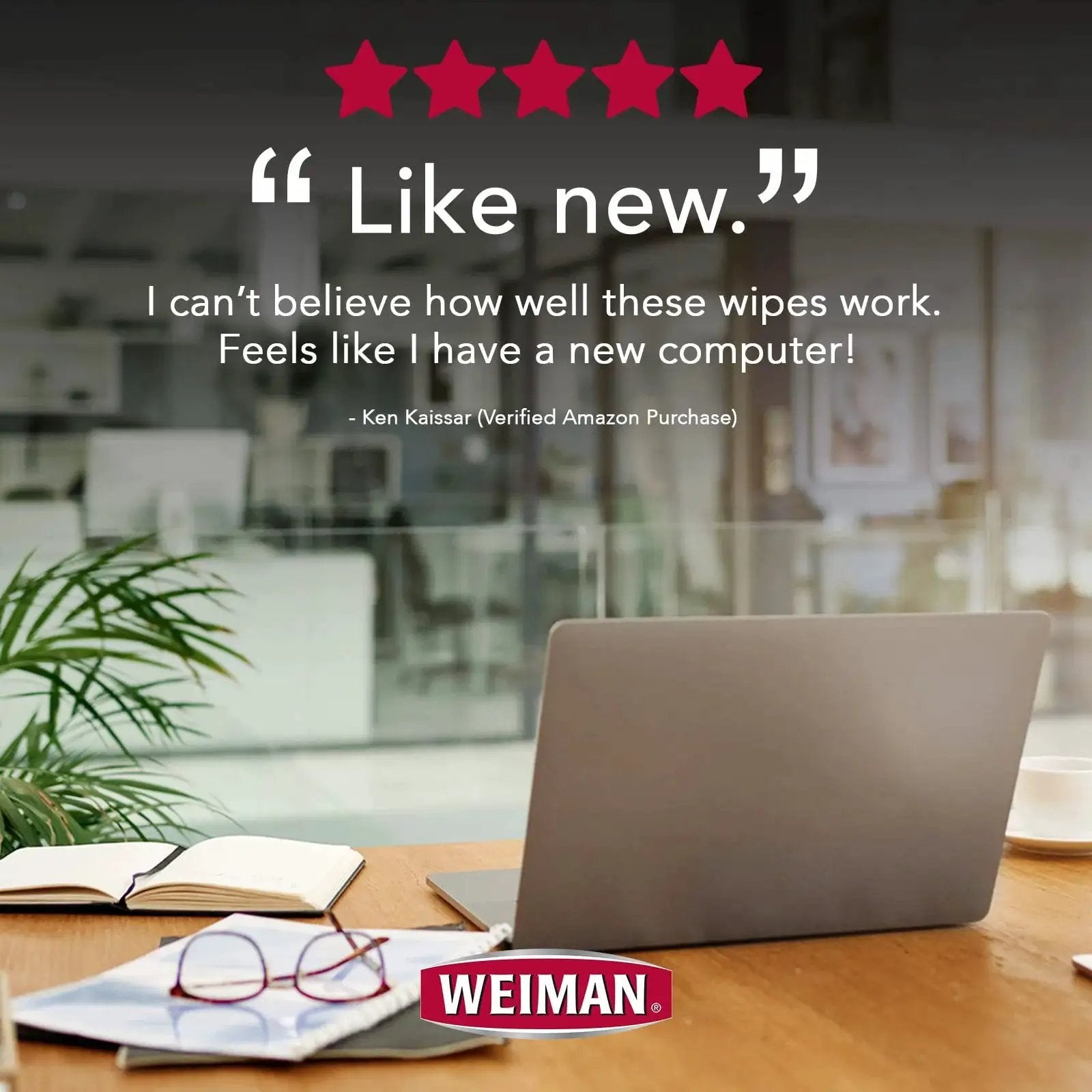 Quote about effectiveness of Electronic Screen Cleaner Wipes 4 Pack For Laptops Computers And TVs Kills Germs next to clean laptop in office