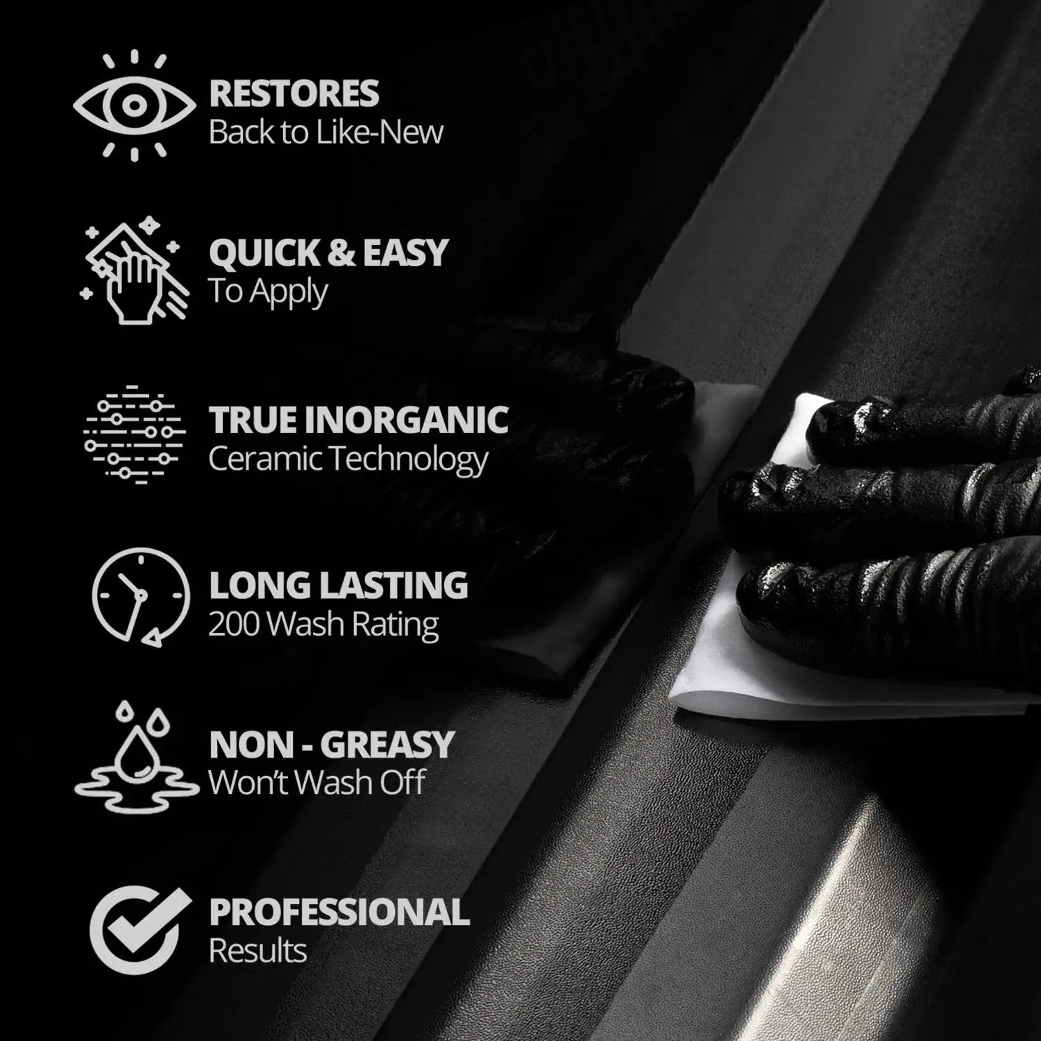 Ceramic Trim Coat Kit For Plastic Restoration That Cures On Plastics, Delivers UV Protection, 200 Plus Wash Durability, A True Ceramic Coating Not A Dressing, Cerakote Brand features applied on a black surface.