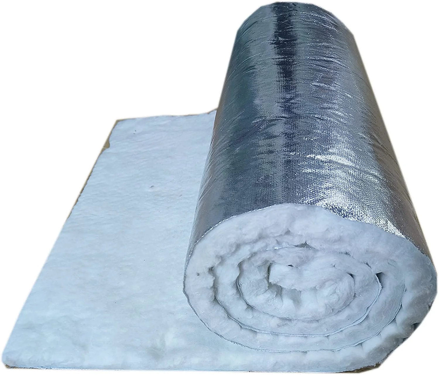 Ceramic Fiber Blanket Insulation Mat with Single Sided Aluminum Foil Facing 2300F Heat Shield rolled out and rolled up view