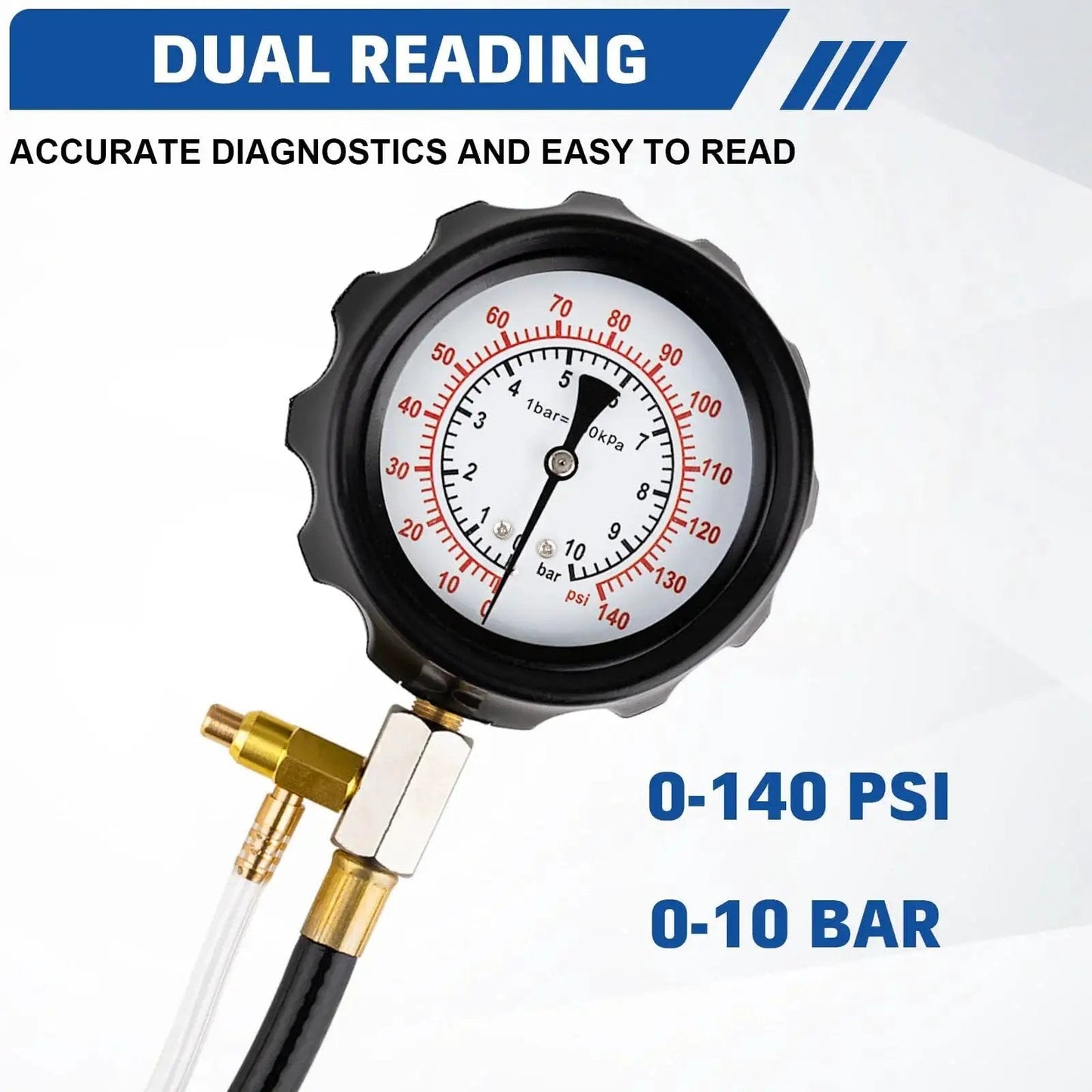 Diesel Fuel Pressure Tester Kit 0-140 PSI With Adapters For Pumps And Injectors showing pressure gauge and dual reading display.