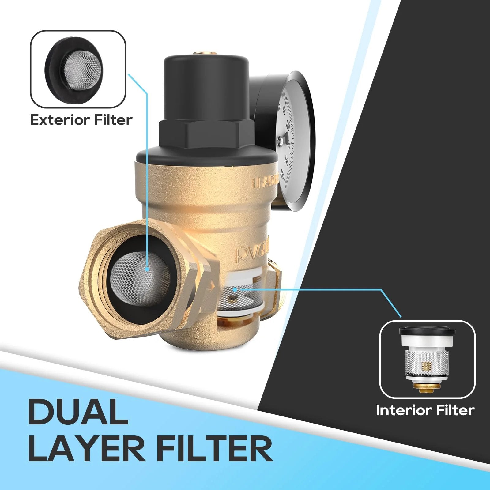 Adjustable Lead Free Brass RV Water Pressure Regulator Valve With Gauge And Inlet Screen Filter For Campers And Travel Trailers Keeps Water Safe Prevents Pipe Damage Easy Install High Flow