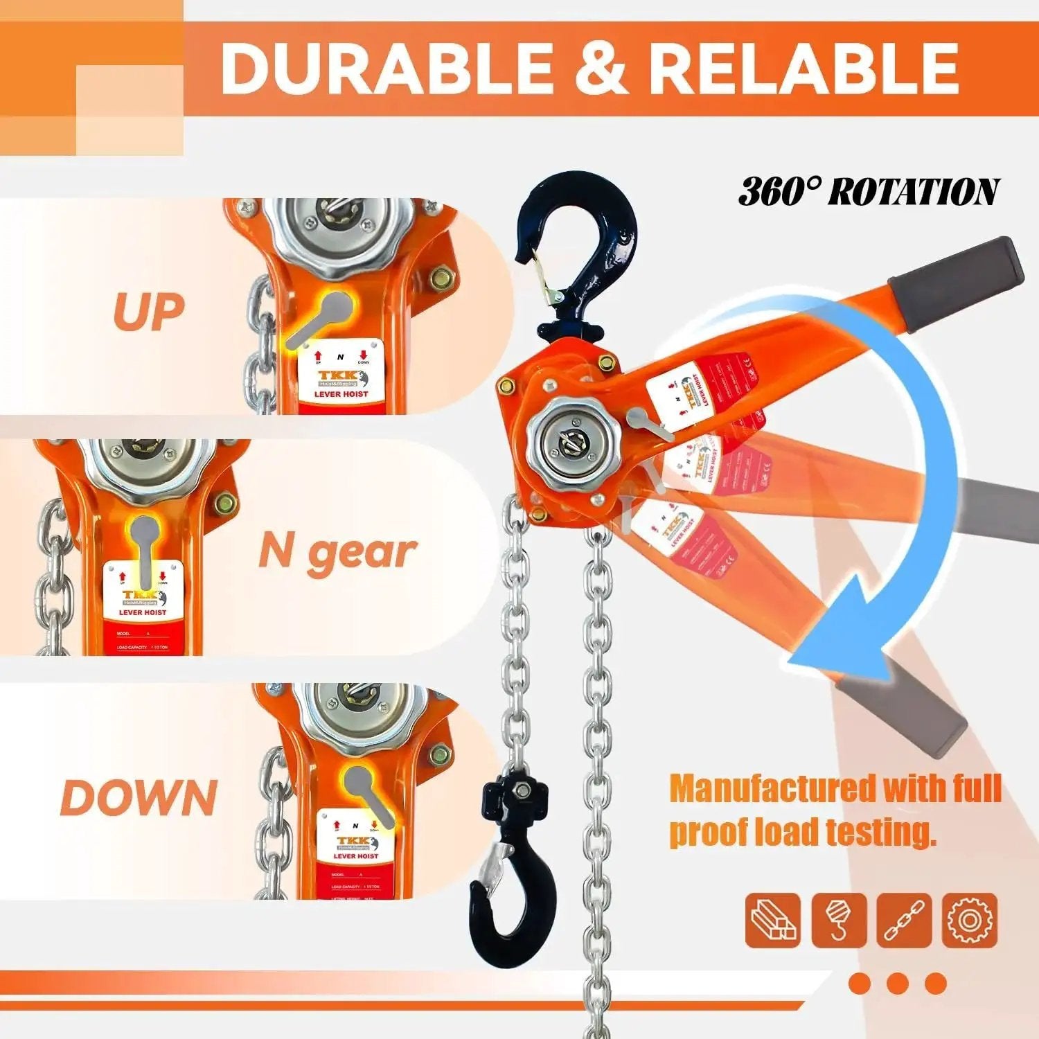 Manual Chain Hoist 1.5 Ton 10 Ft Heavy Duty Lift 3300 Lbs With Durable Hook showing rotation and controls