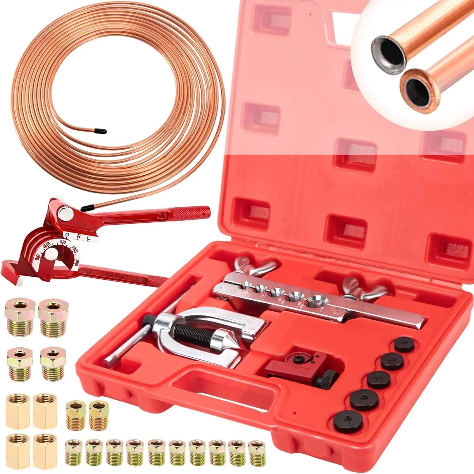 3/16 Inch Brake Line Repair Kit Flaring Tool Cutter Bender 25ft Coated Line with copper tubing, fittings, tools in red case