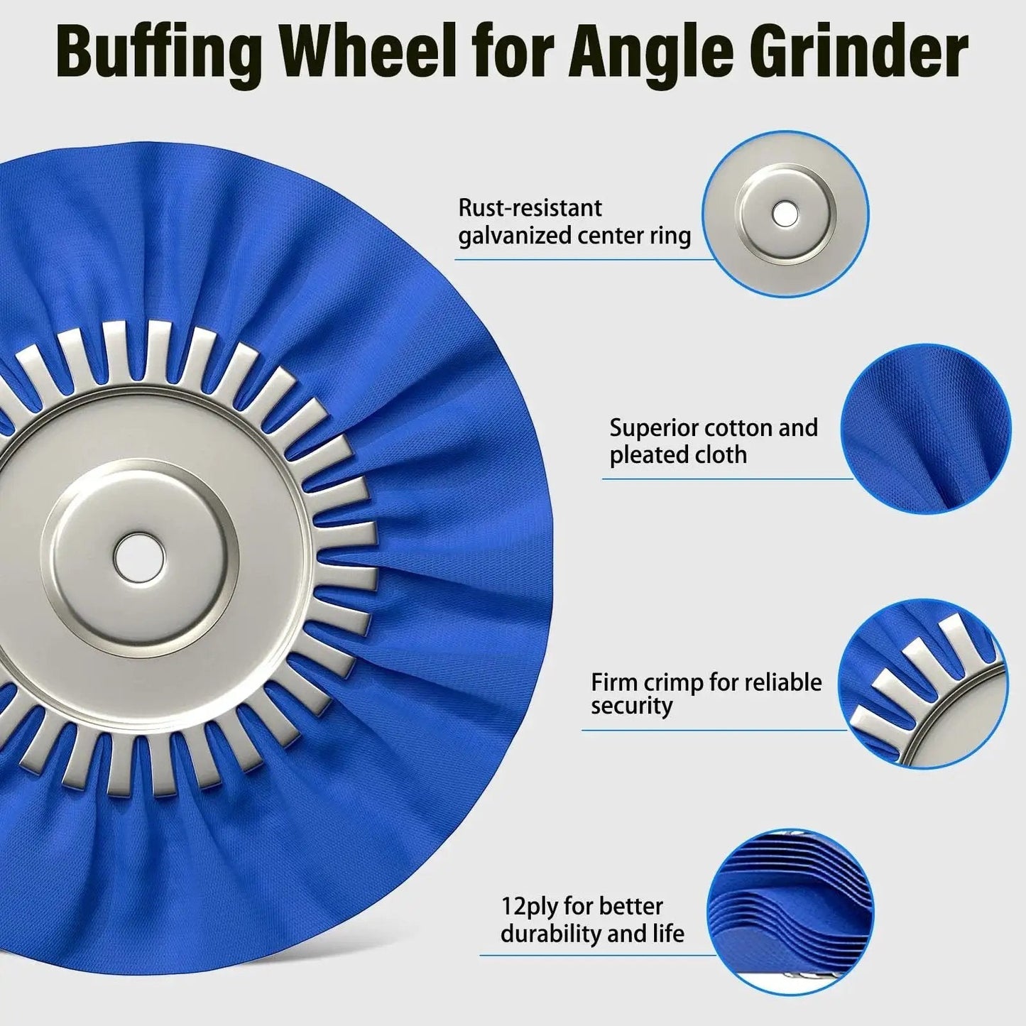 Pro Grade 8 Inch Buffing Wheel Polishing Kit For Four Point Five Inch Angle Grinder with features highlighted, including rust-resistant center ring and 12-ply cloth.