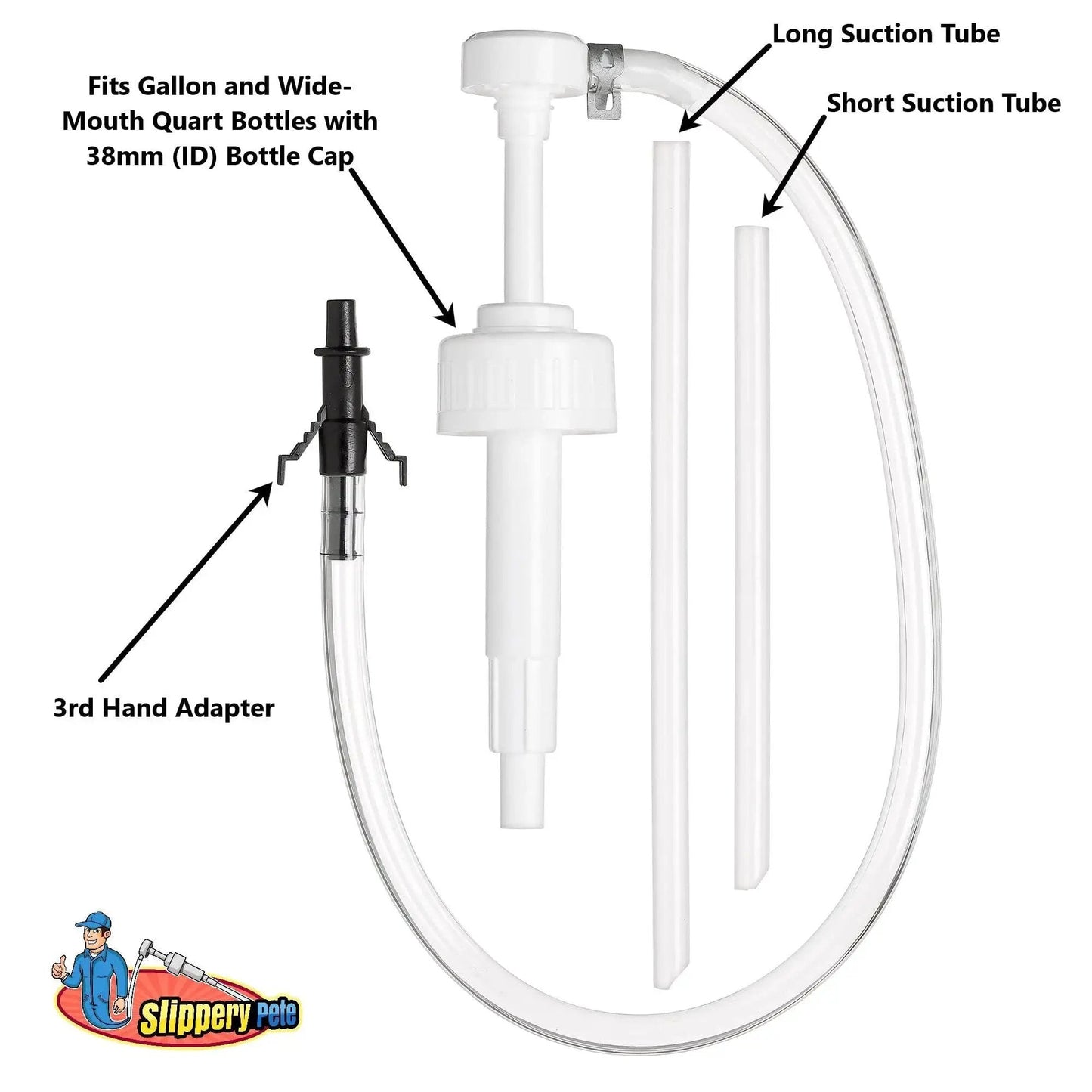 Wide Mouth Fluid Pump With 38mm Cap 8cc Stroke 17in Tube And 3rd Hand Adapter with labeled tubes and adapter components