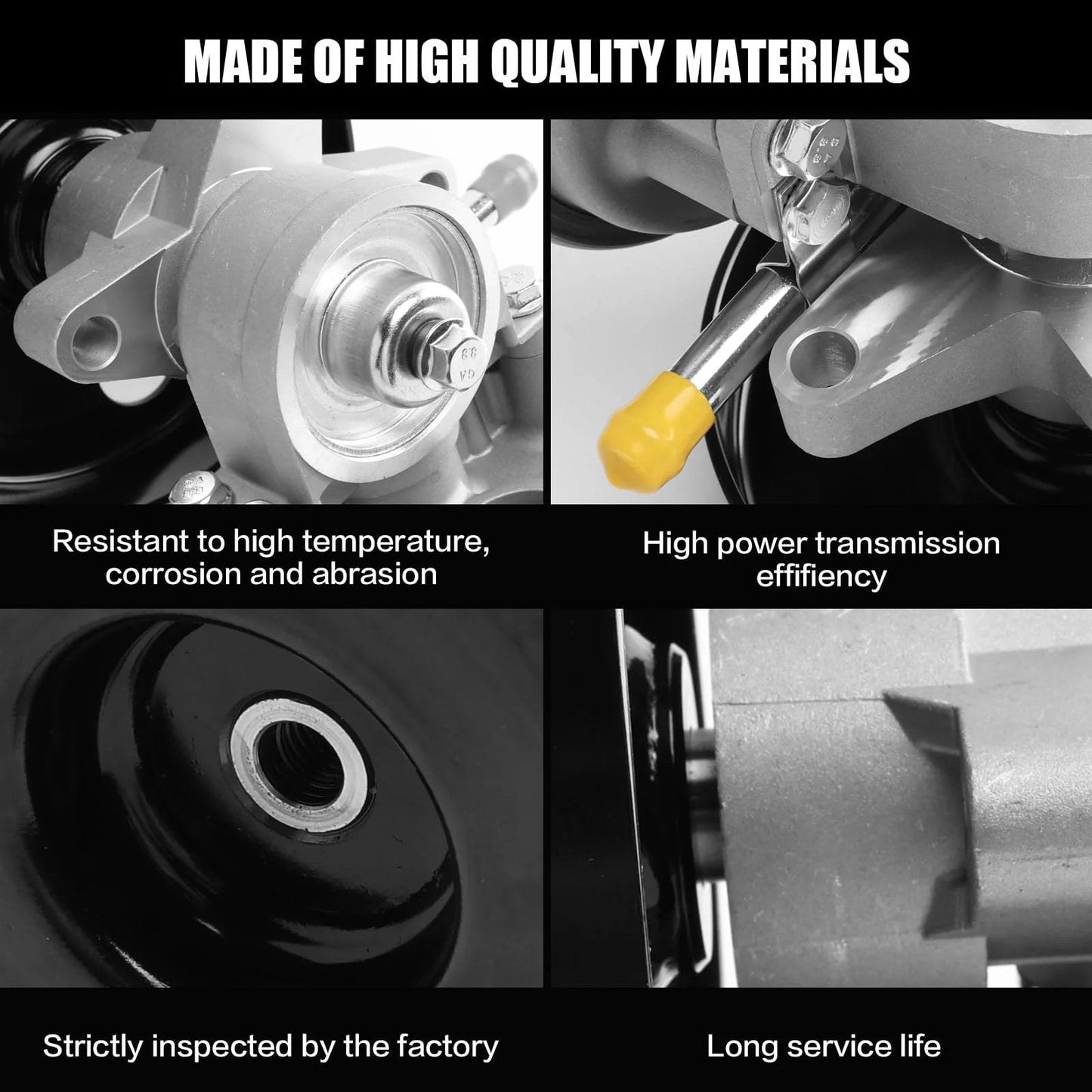 Close-up of a heavy-duty vacuum pump with pulley made for Isuzu NPR HD Trucks, showing aluminum material and components.