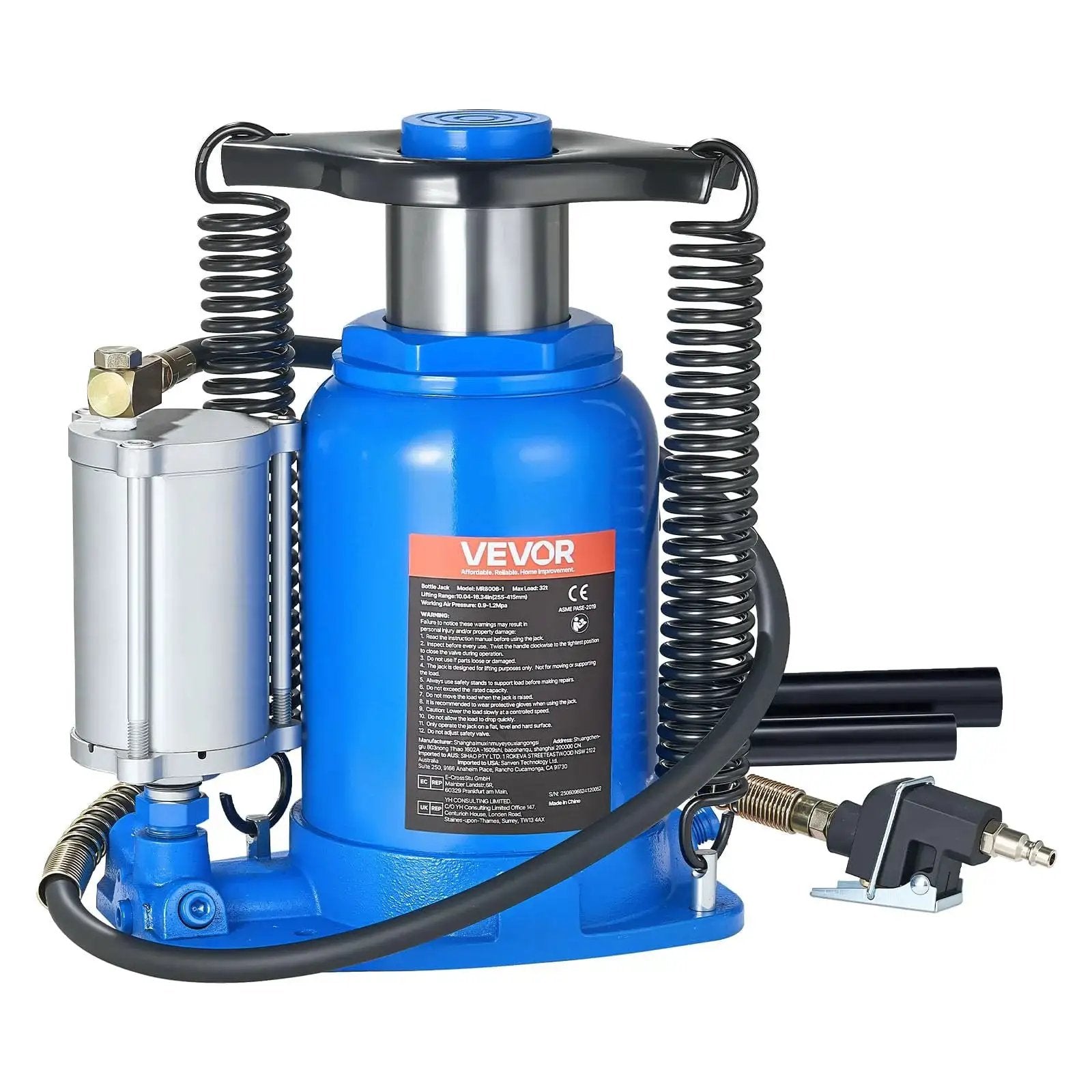 Air Hydraulic Bottle Jack 32 Ton Floor Jack With Manual Pump And Pneumatic Lift, blue exterior, side view.