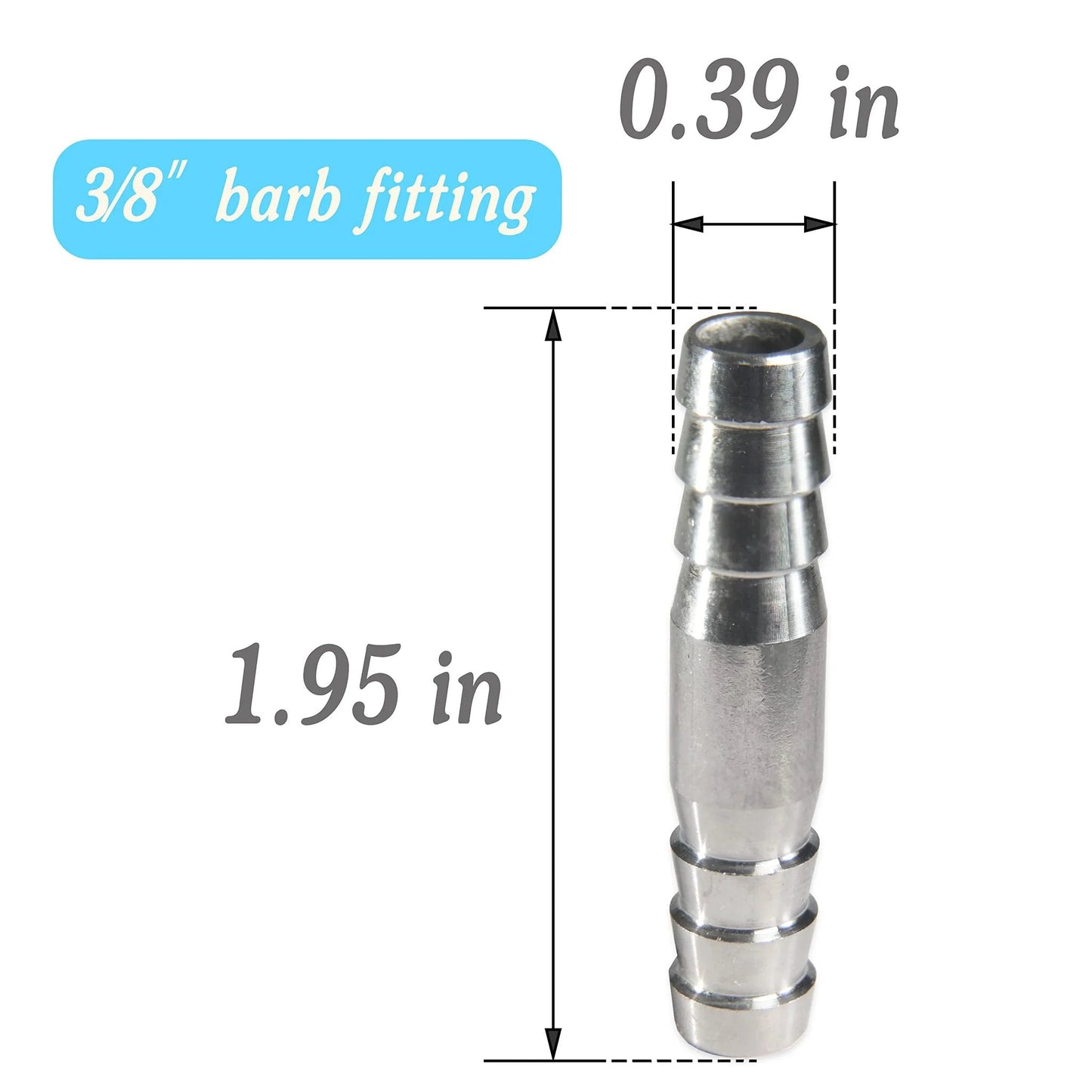 Heavy Duty Stainless Steel Three Eighths Inch Barb Splicer Mender Round Union Coupler Hose Fitting With Stainless Steel Pipe Clamps For Water Fuel And Air Pack Of Ten, dimensions shown