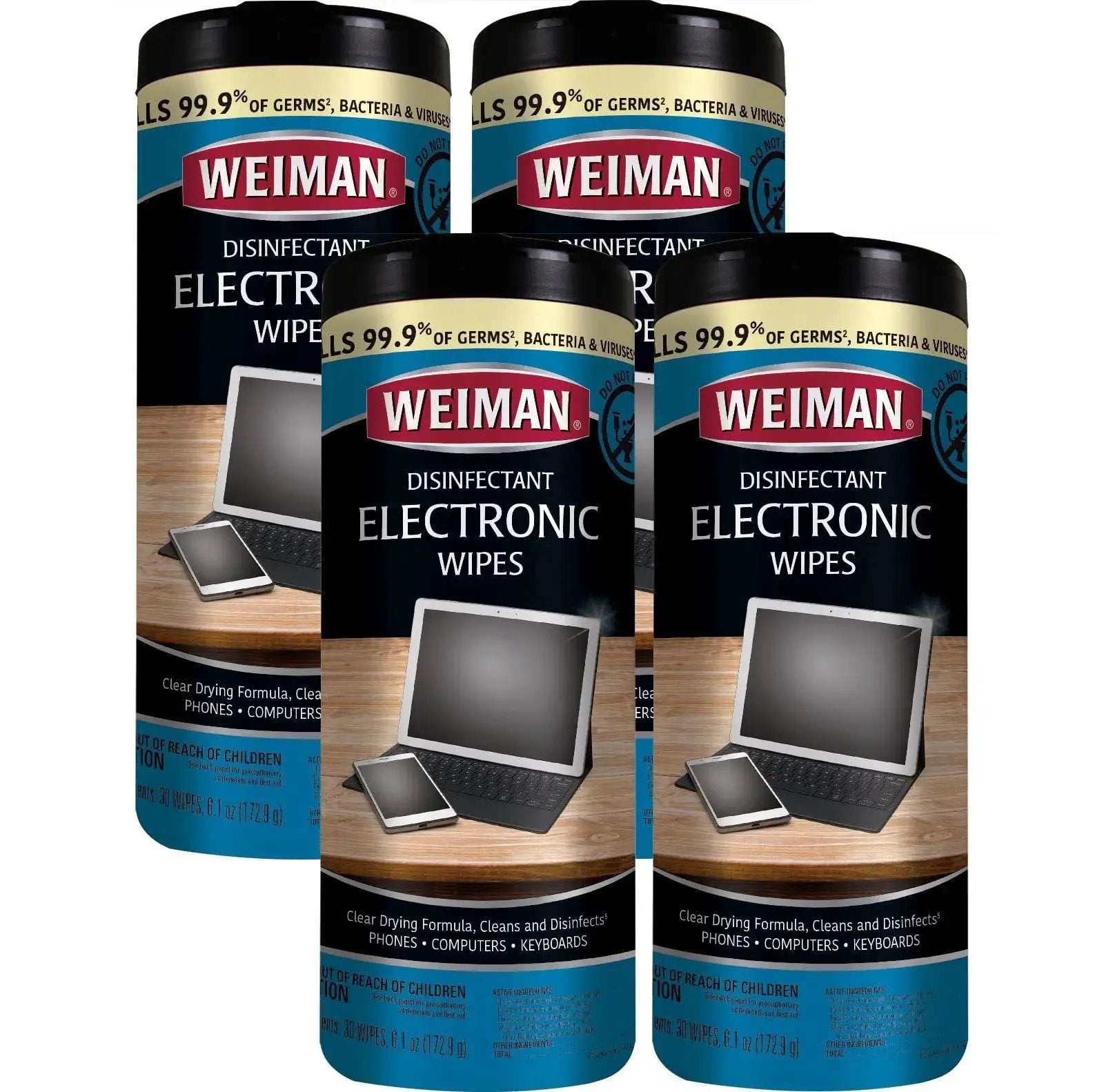 4-pack containers of Electronic Screen Cleaner Wipes for laptops, computers, and TVs; designed to kill 99.9% of germs.