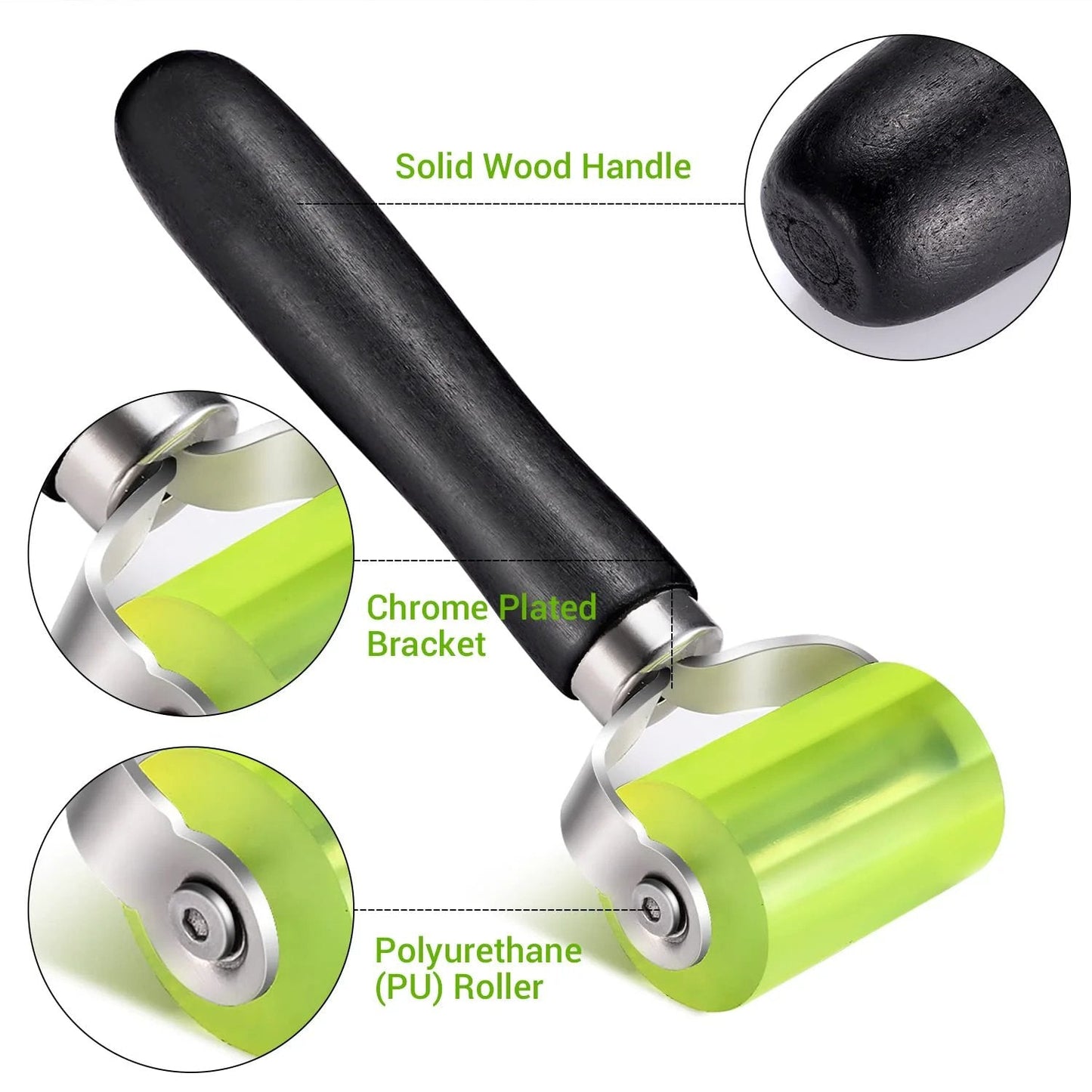 Two Size Car Sound Deadening Roller For Auto Audio Install PU Wheel Seam Roller With Wooden Handle Noise Insulation Roller For Heat Abatement Mats And Wallpaper Vibration Damping Contour Following And Tight Creases