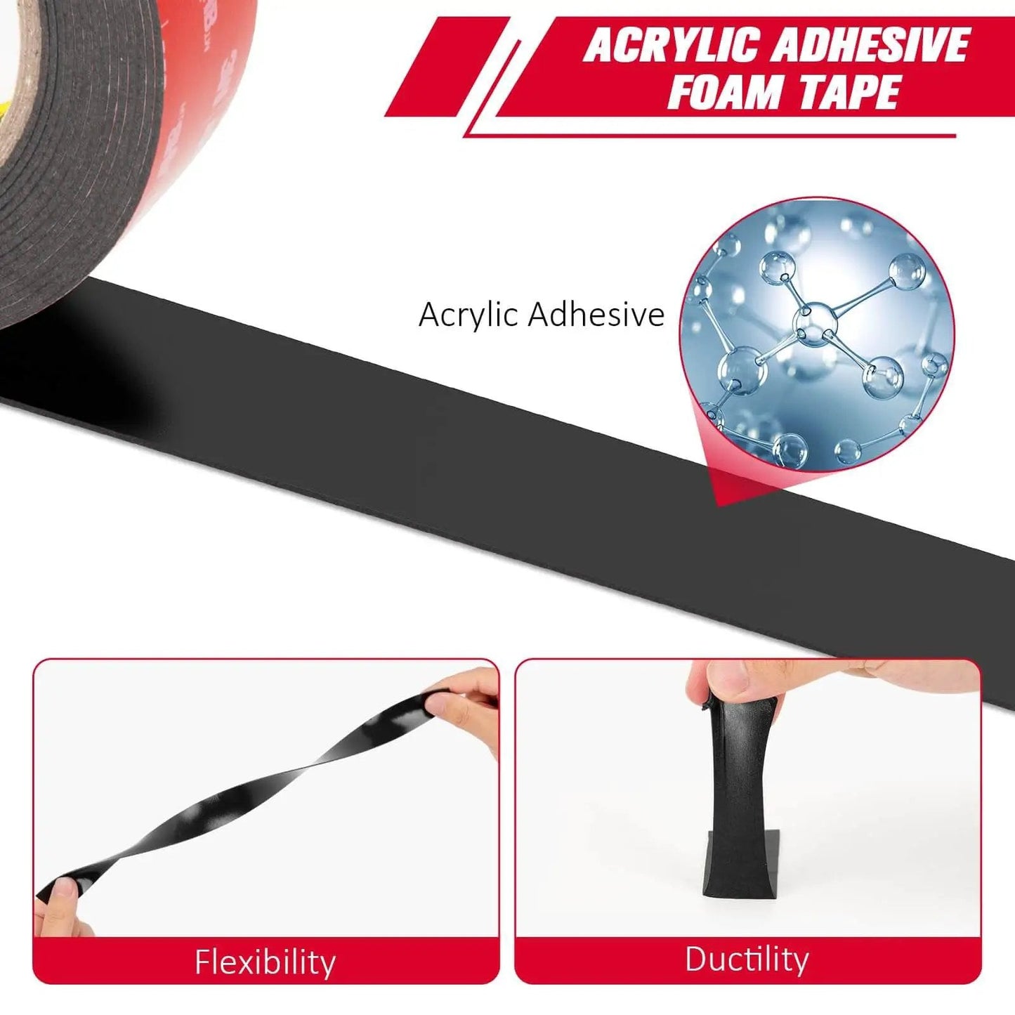 Heavy Duty Double Sided Tape 2 Inch By 15.4 Feet, VHB Mounting Foam Tape 0.025 Inch Thick Black 5925 showcasing flexibility and ductility