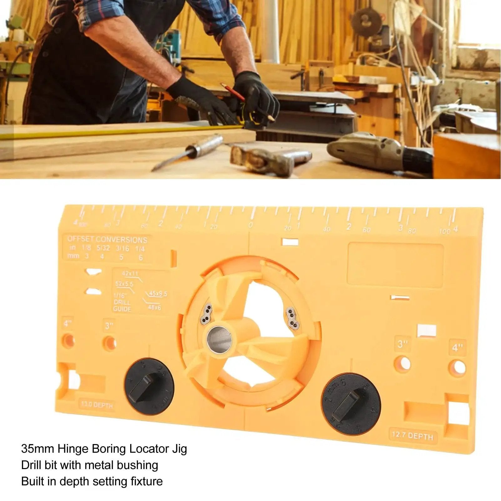 35mm Hinge Boring Jig for Woodworking, Pro Grade Precision Drill Guide Locator with Cutter, ABS Construction, Bright Yellow