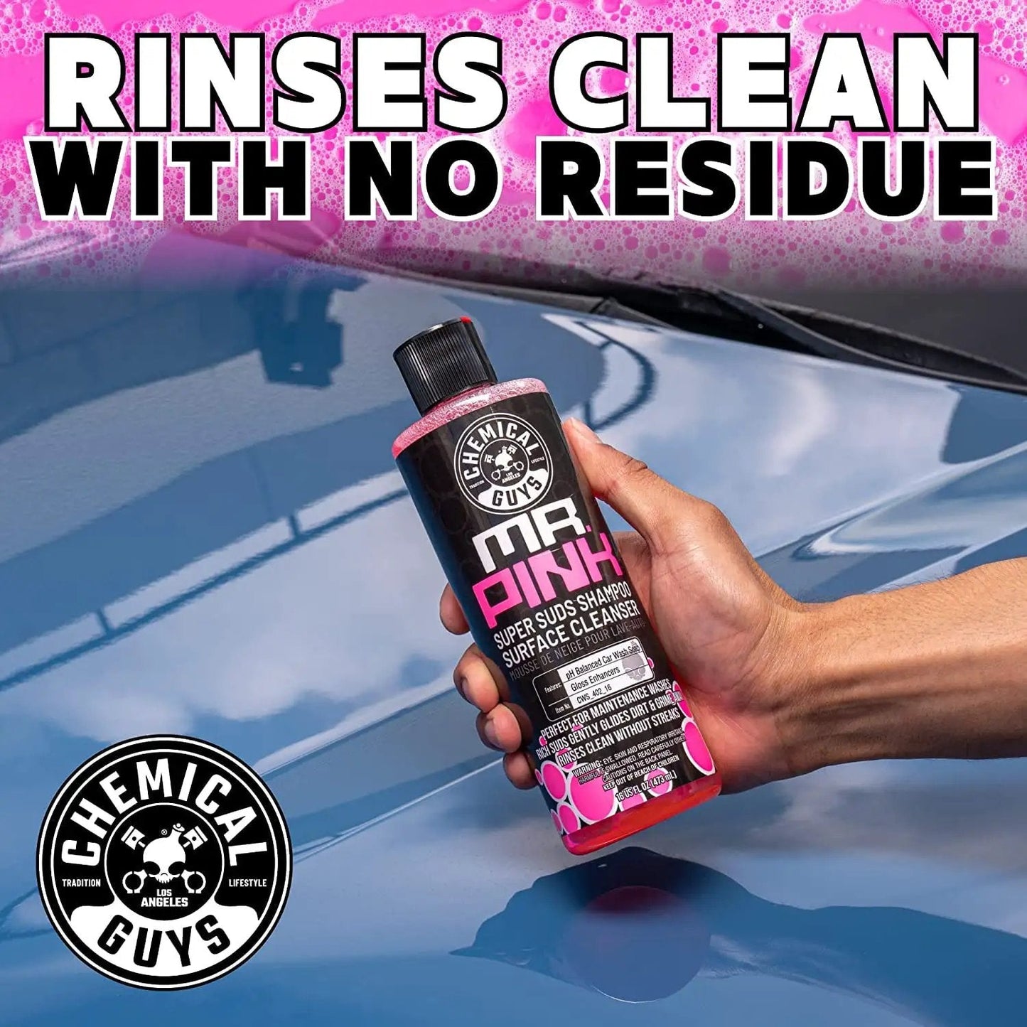 Mr Pink Foaming Car Wash Soap for Foam Cannons and Buckets, Safe for Cars Trucks Motorcycles RVs, Candy Scent, 473 ml by Chemical Guys in hand.