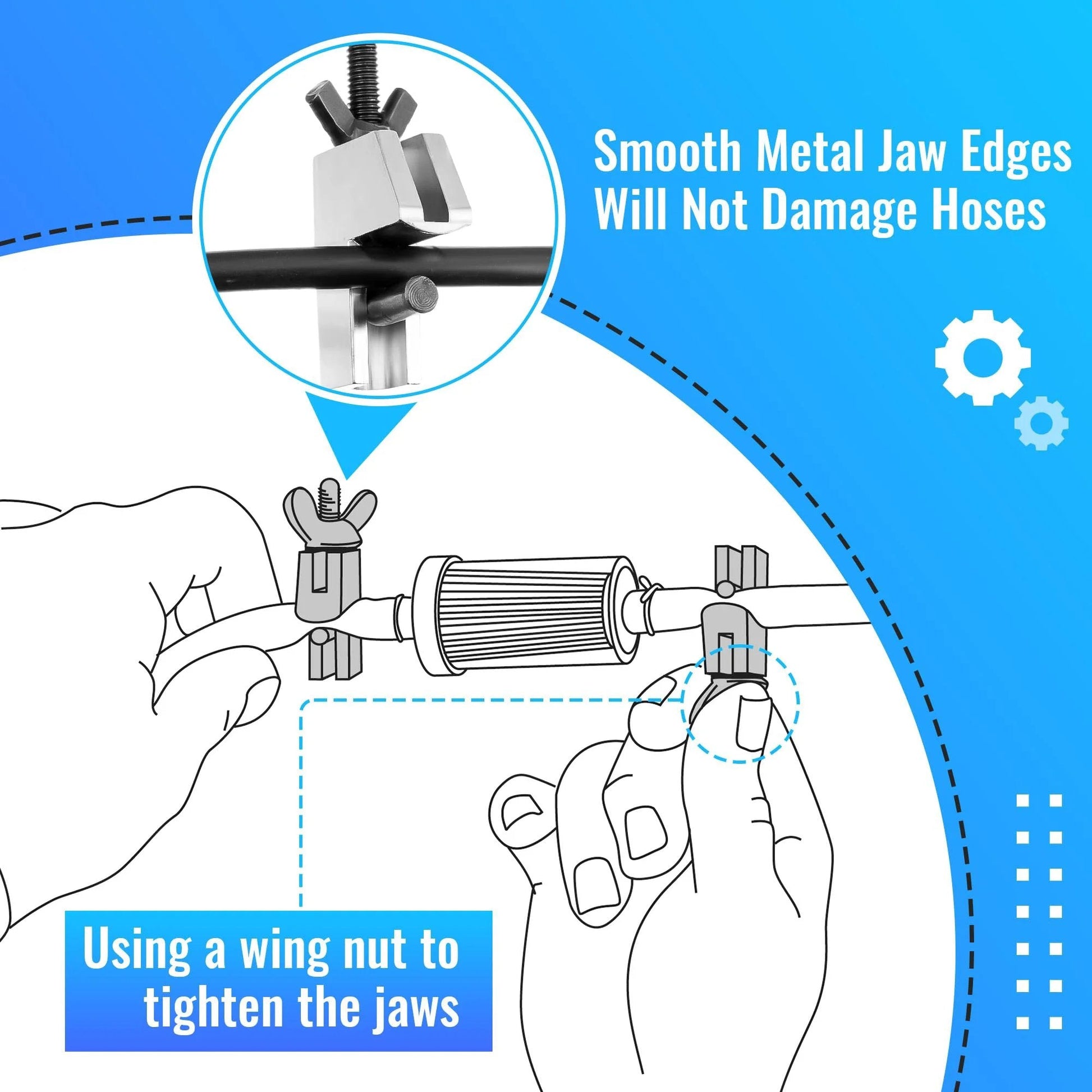 Brake Line Clamp Kit Two Pack Hose Pinch Pliers For Fuel Lines Gas Lines Radiator Hoses And Vacuum Hoses Up To 1 Inch Diameter Metal Clamp Set That Will Not Damage Hoses Quick Pinch And Seal Feekoon Compatible illustration showing hand using tool.