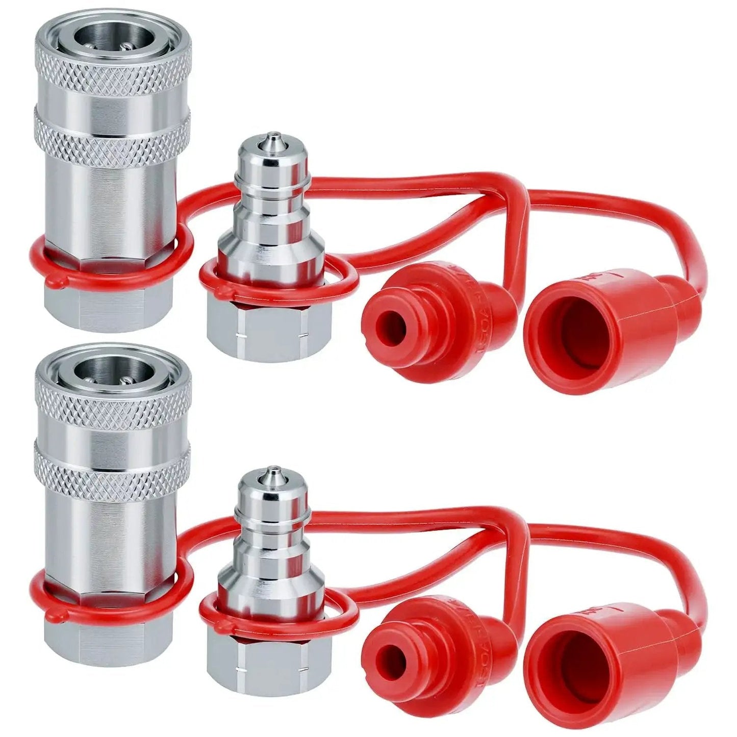 Rugged 1/4 Inch Hydraulic Quick Connect Coupler Set With Dust Caps, 3600 PSI Rating, showing two sets with red dust caps and steel body