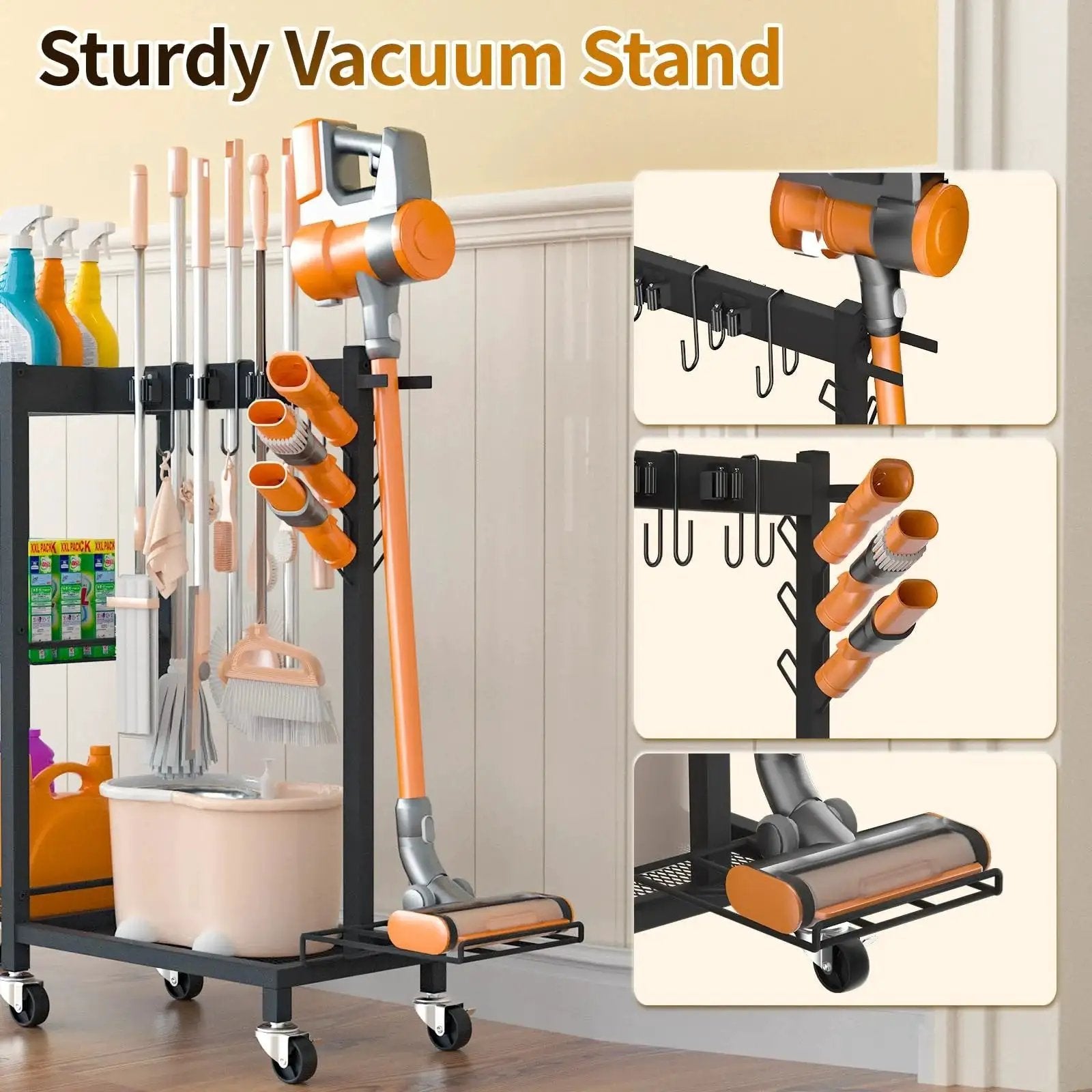 3 In 1 Cleaning Organizer Cart With Wheels And Vacuum Stand, 3 Tier Shelves, 6 Mop Hanger Grippers, 3 Double Hooks in use