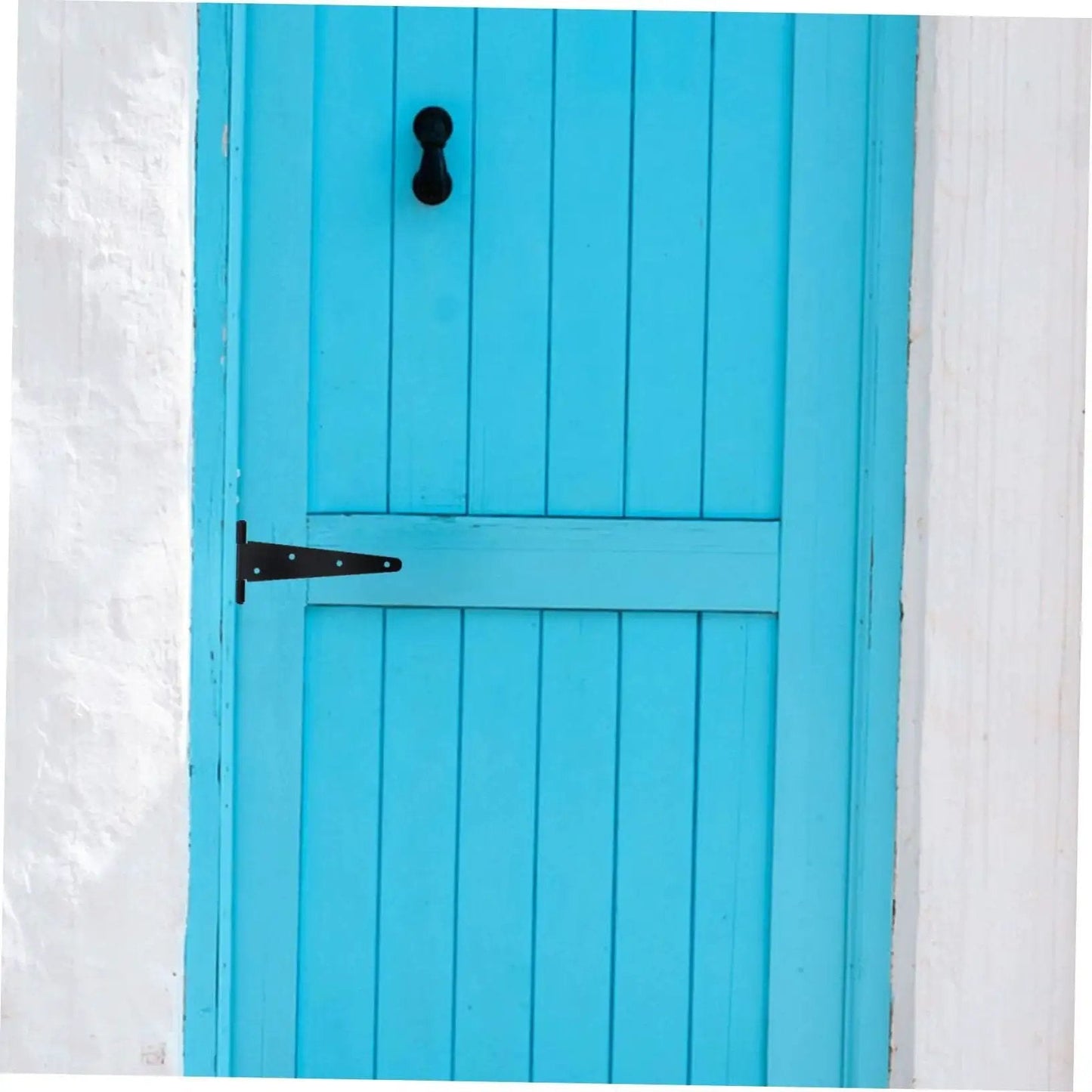 Blue wooden door with a black heavy duty gate hinge with slotted design for wooden and vinyl gates highly durable iron construction.