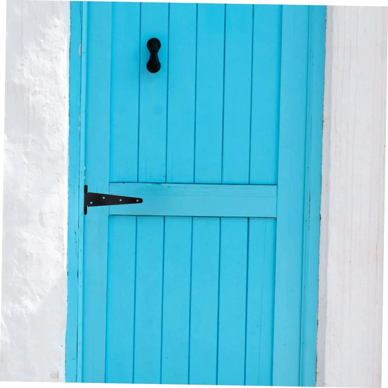 Blue wooden door with a black heavy duty gate hinge with slotted design for wooden and vinyl gates highly durable iron construction.