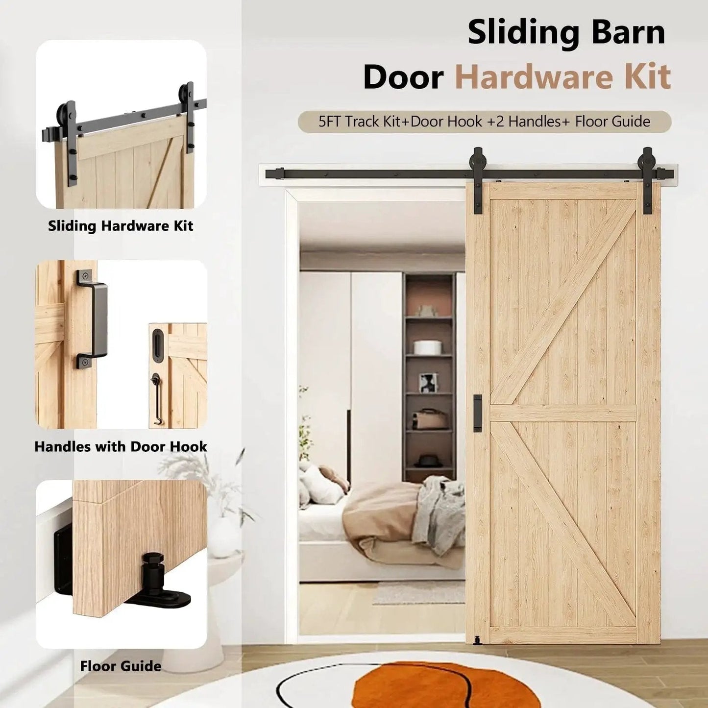 Sliding Barn Door Hardware Kit Heavy Duty For Doors One And Three Eighths To One And Three Quarters Inches Black I Shape Hangers Includes Adjustable Floor Guide Door Hook And Two Handles Smooth Quiet Operation Durable Pulley System Easy Installation displayed with installed wooden door and included components