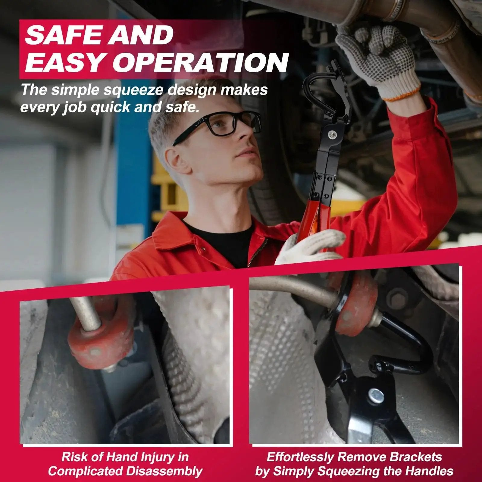 Person using Exhaust Hanger Removal Tool Non Slip Grip Heavy Duty 25 Degree Offset Jaw on car exhaust system.