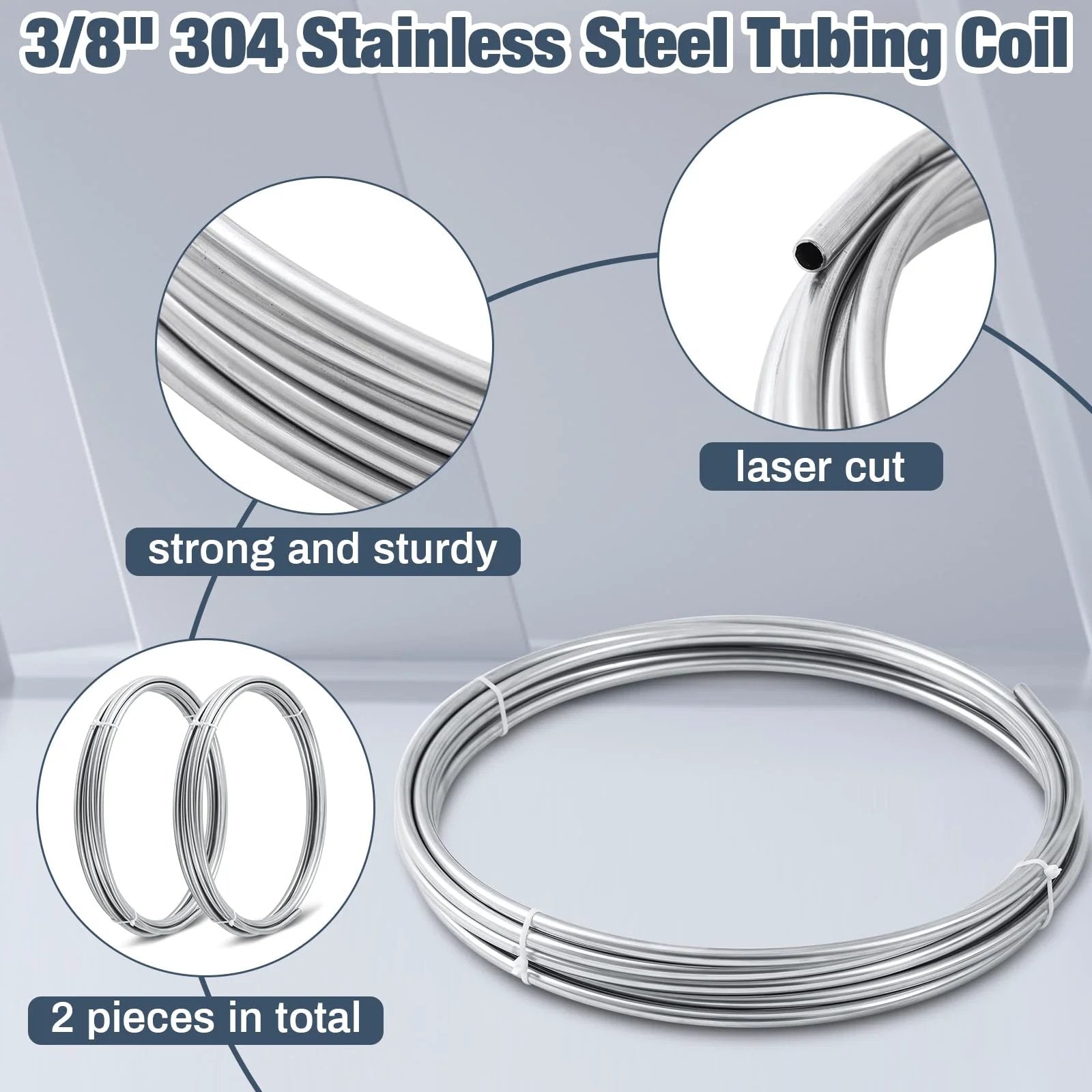 Two Pack 3/8 Inch 304 Stainless Steel Tubing Coils 50 Feet Total 25 Feet Each Heavy Duty for Wort Chillers and Automotive Use